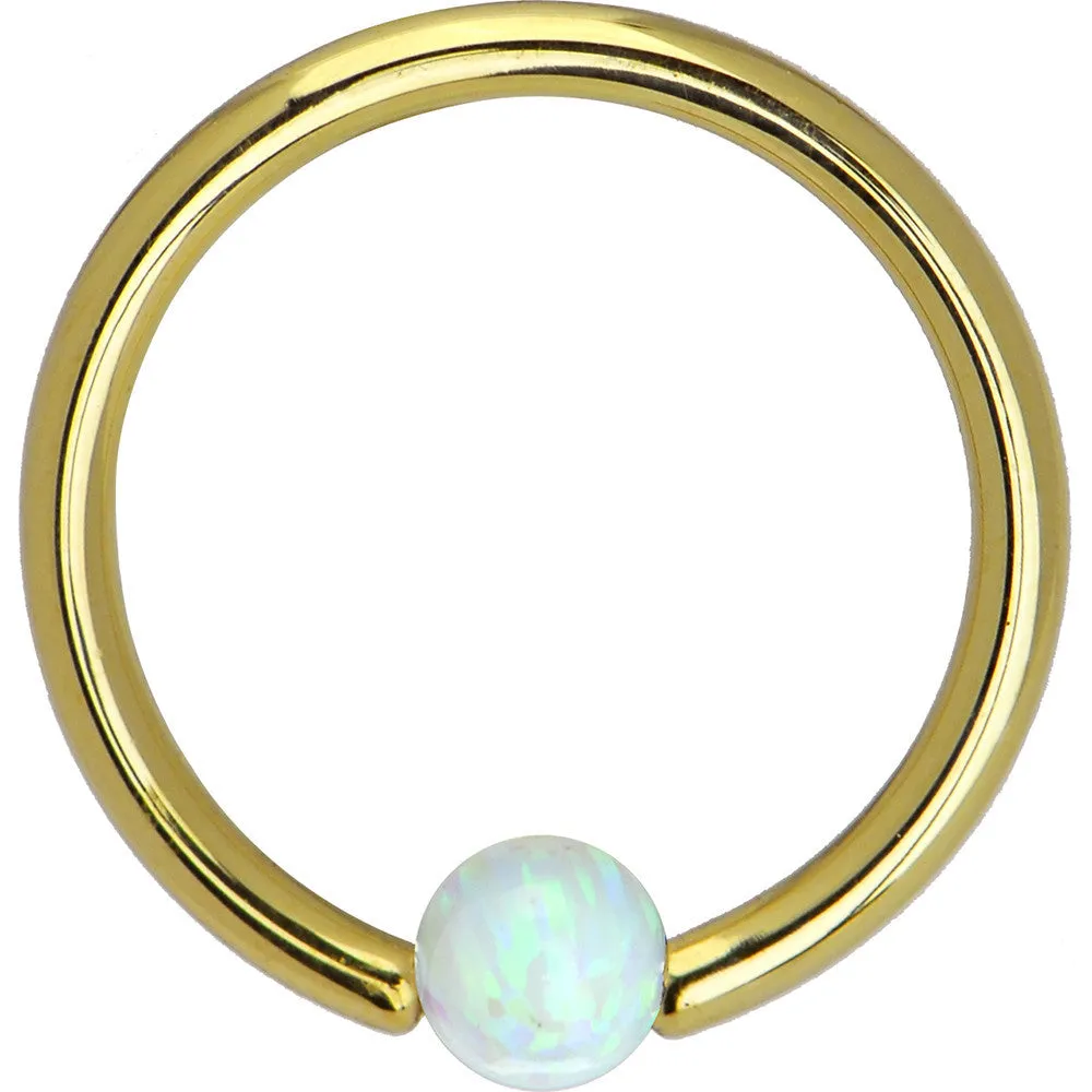 14 Gauge 3/8 Solid 14KT Yellow Gold White Synthetic Opal Captive Ring