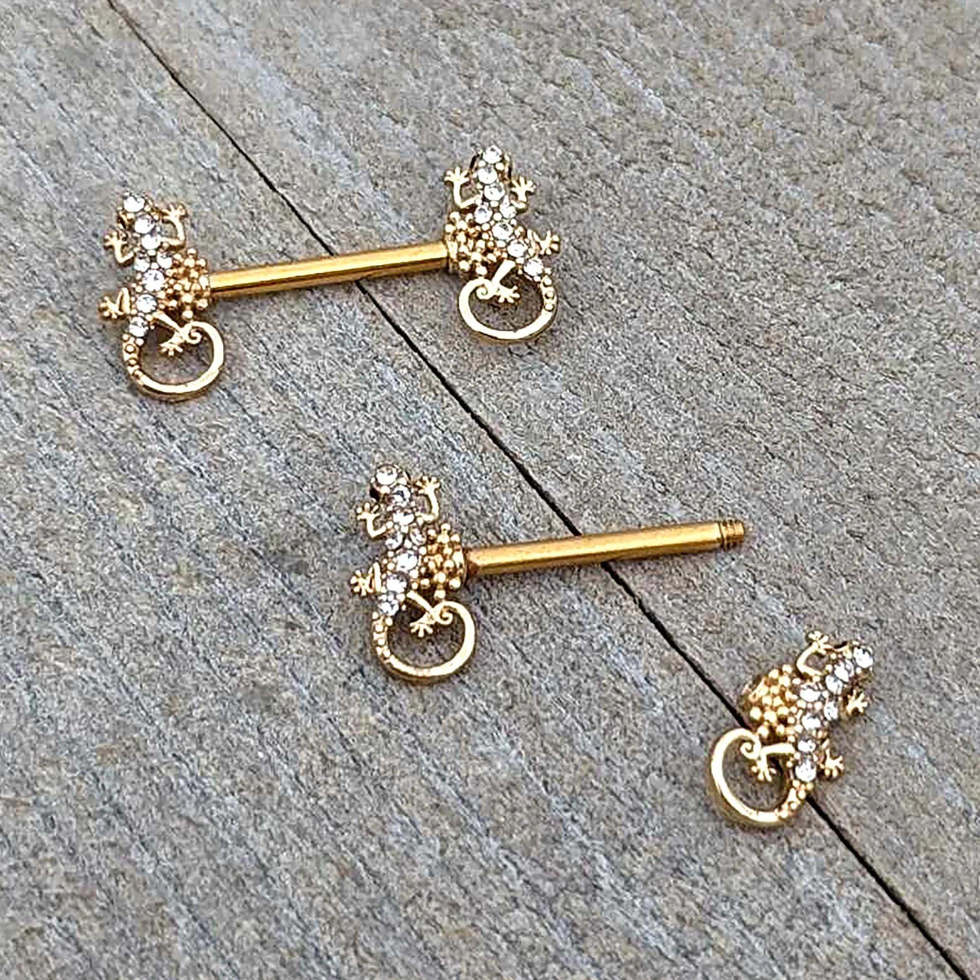 14 Gauge 9/16 Clear Gem Gold Hue Luscious Lizard Barbell Nipple Ring Set