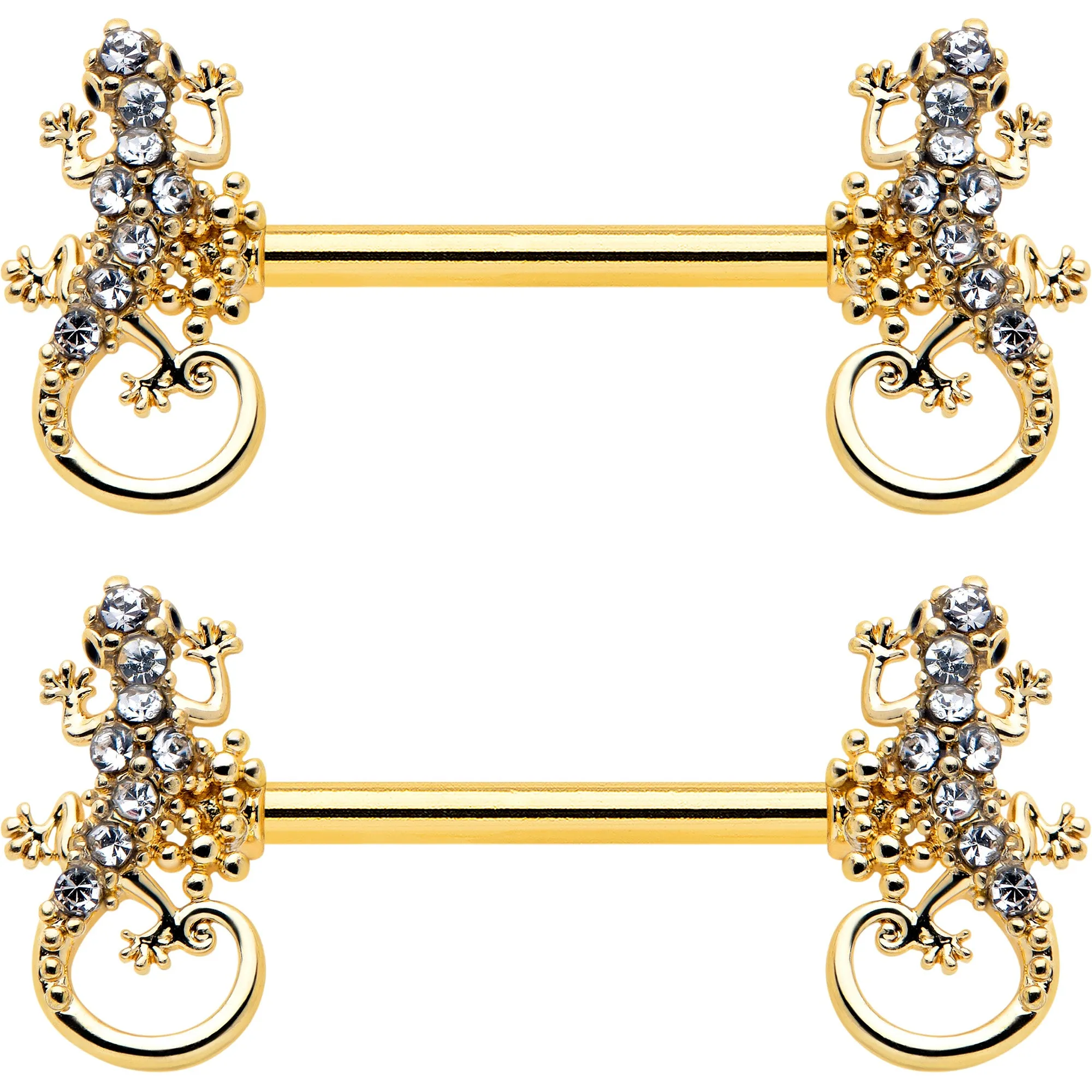 14 Gauge 9/16 Clear Gem Gold Hue Luscious Lizard Barbell Nipple Ring Set