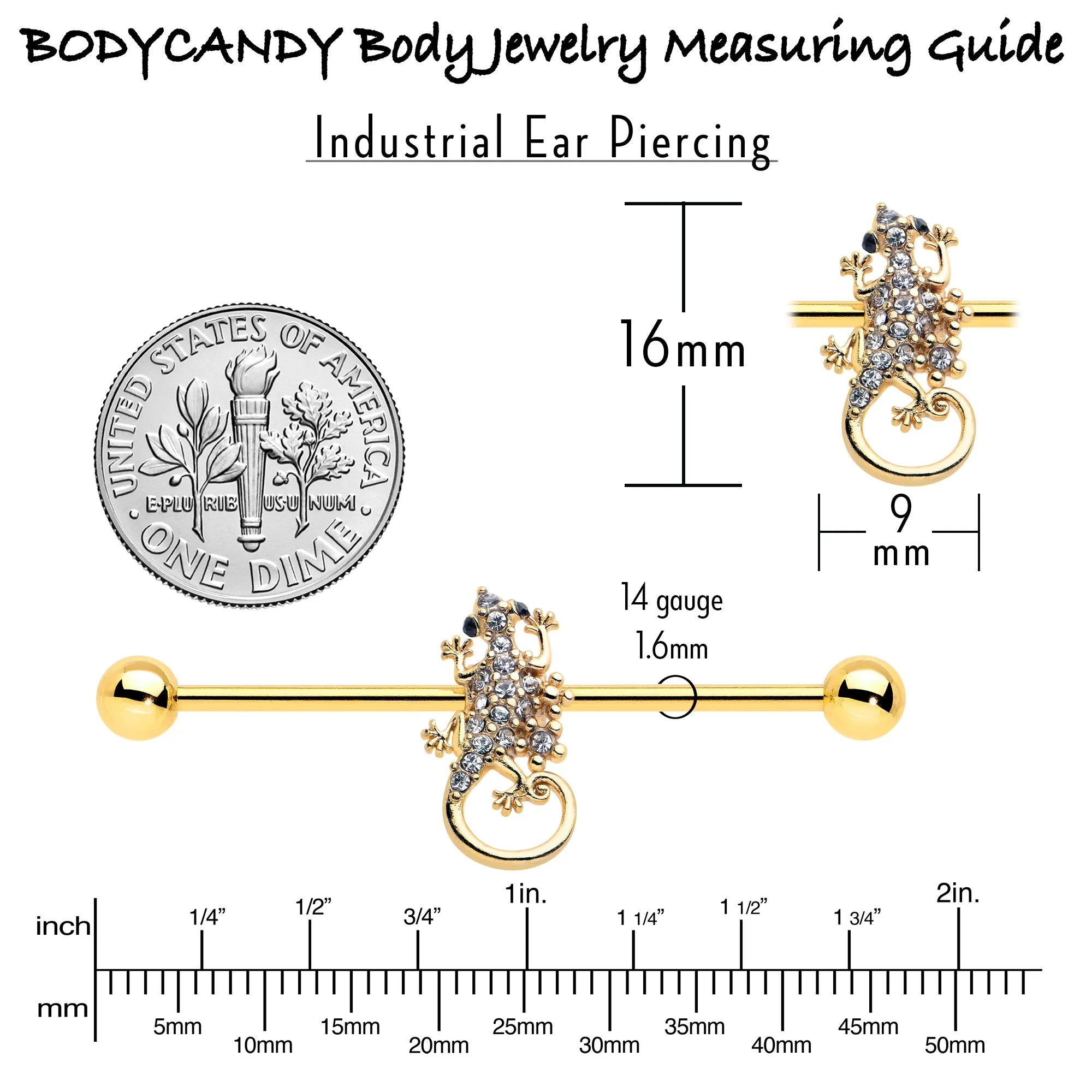 14 Gauge Clear Gem Gold Tone Luscious Lizard Industrial Barbell 38mm