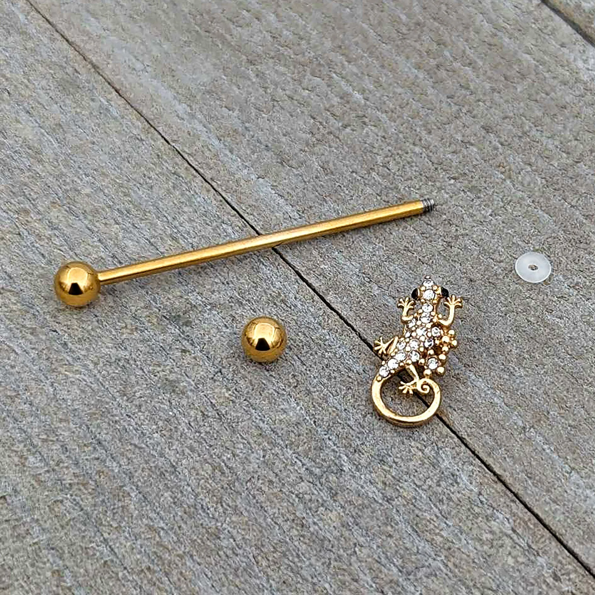 14 Gauge Clear Gem Gold Tone Luscious Lizard Industrial Barbell 38mm
