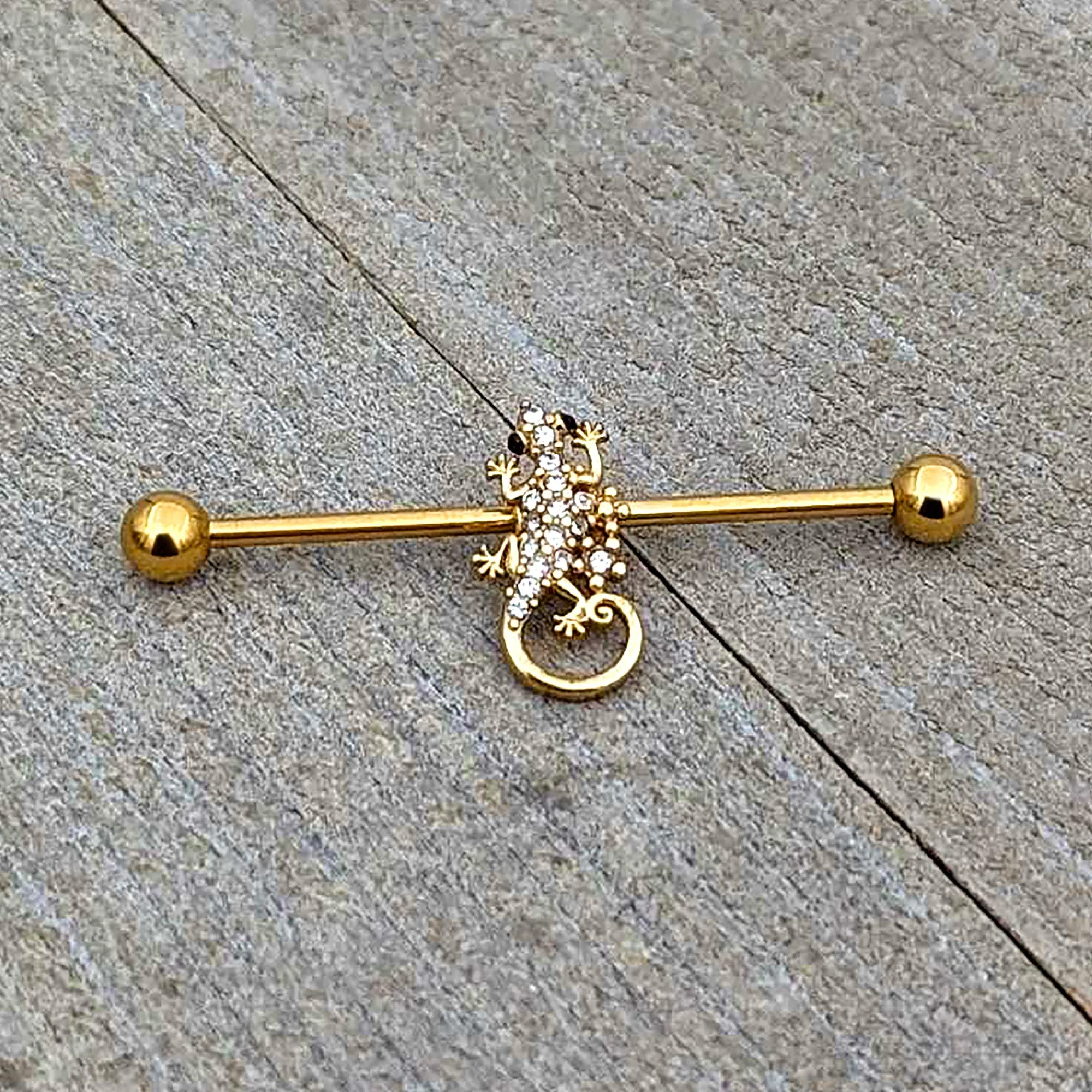 14 Gauge Clear Gem Gold Tone Luscious Lizard Industrial Barbell 38mm