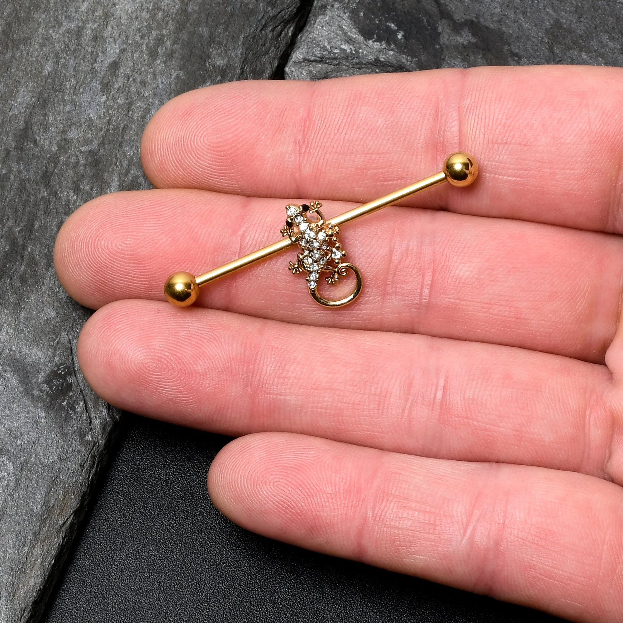 14 Gauge Clear Gem Gold Tone Luscious Lizard Industrial Barbell 38mm