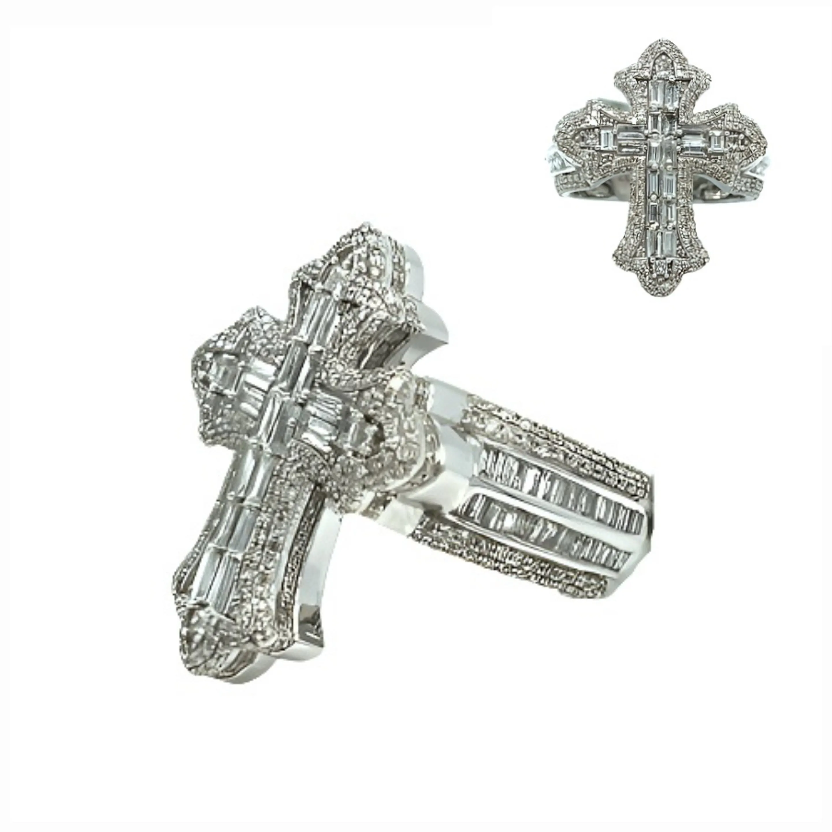 14K Gold Cross Round & Baguette Side 2.91CT Natural Diamonds Ring - CSR39032