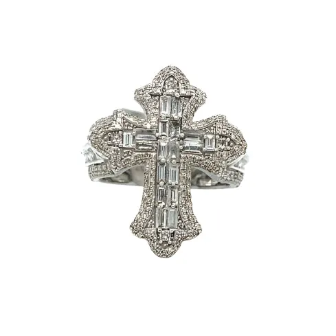 14K Gold Cross Round & Baguette Side 2.91CT Natural Diamonds Ring - CSR39032