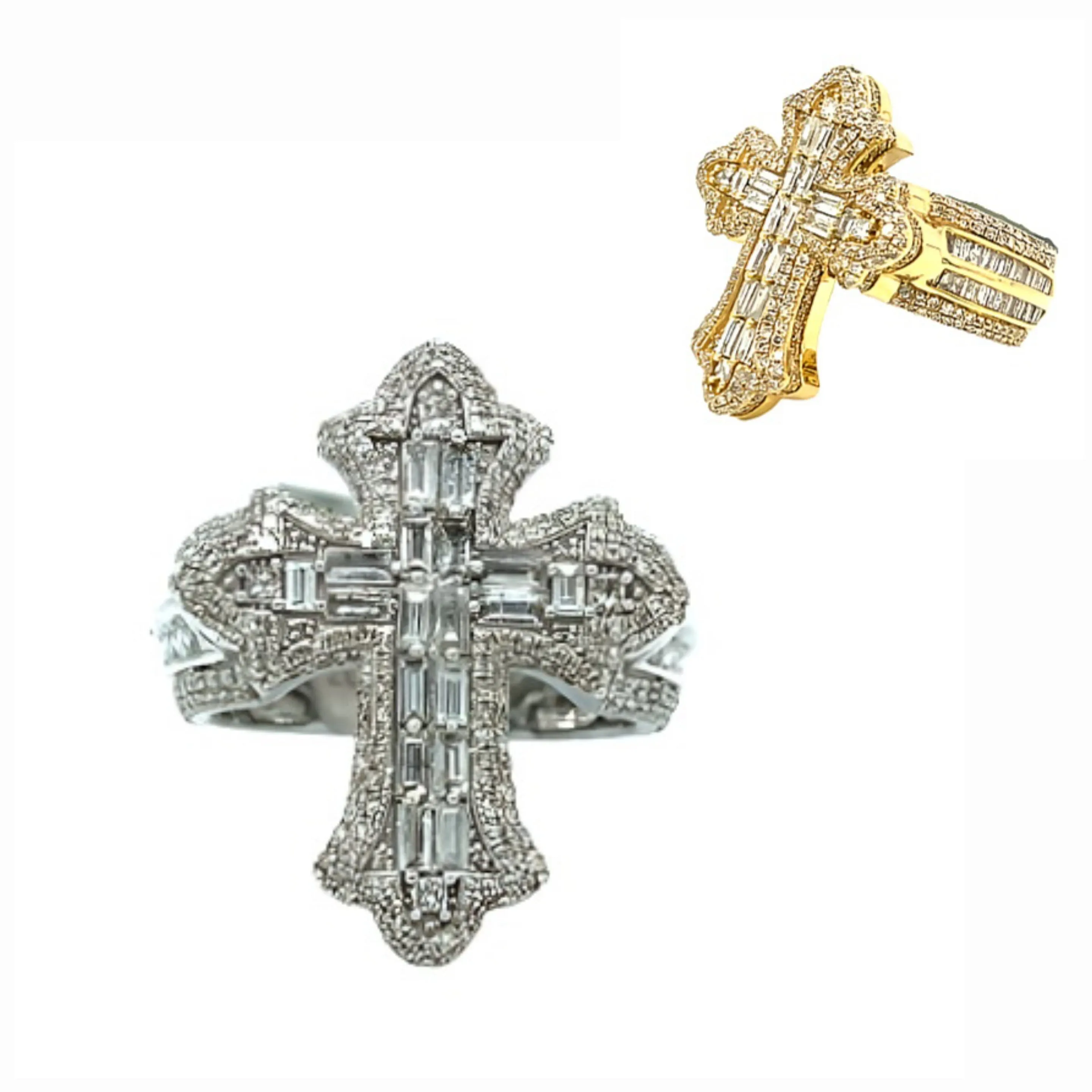 14K Gold Cross Round & Baguette Side 2.91CT Natural Diamonds Ring - CSR39032