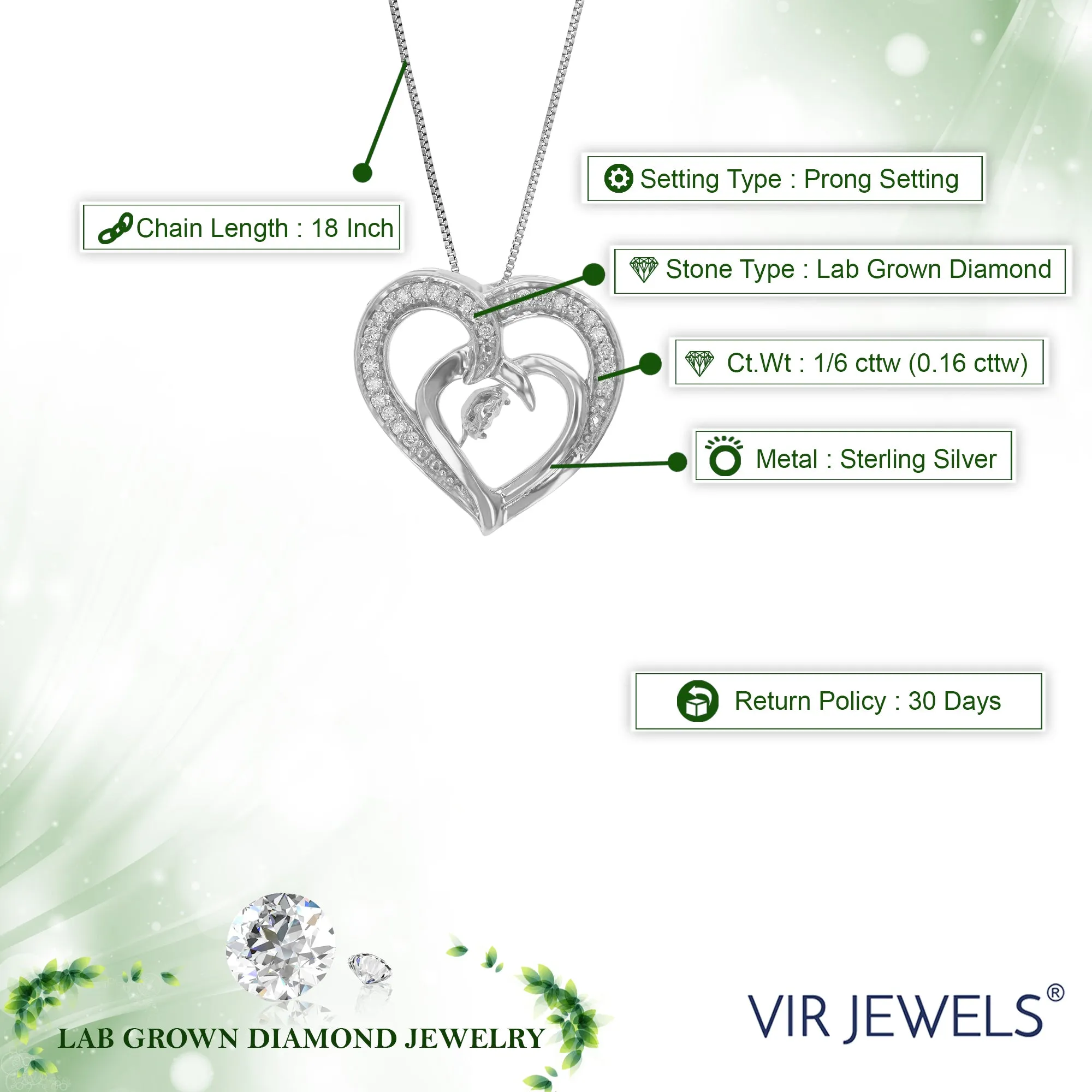 1/6 cttw Lab Grown Diamond Heart Pendant Necklace Sterling Silver