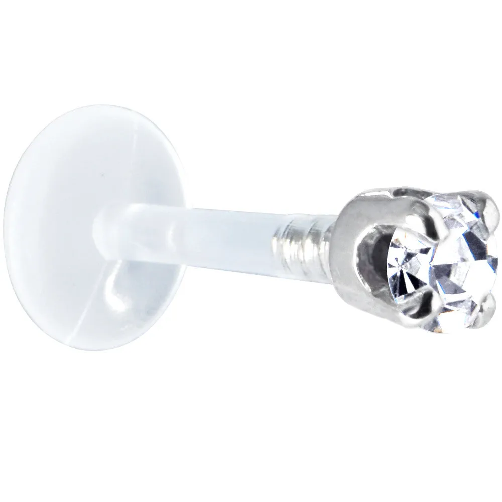 16 Gauge 1/4 Solid 14KT White Gold 3mm Clear Cubic Zirconia Bioplast Tragus Earring Stud