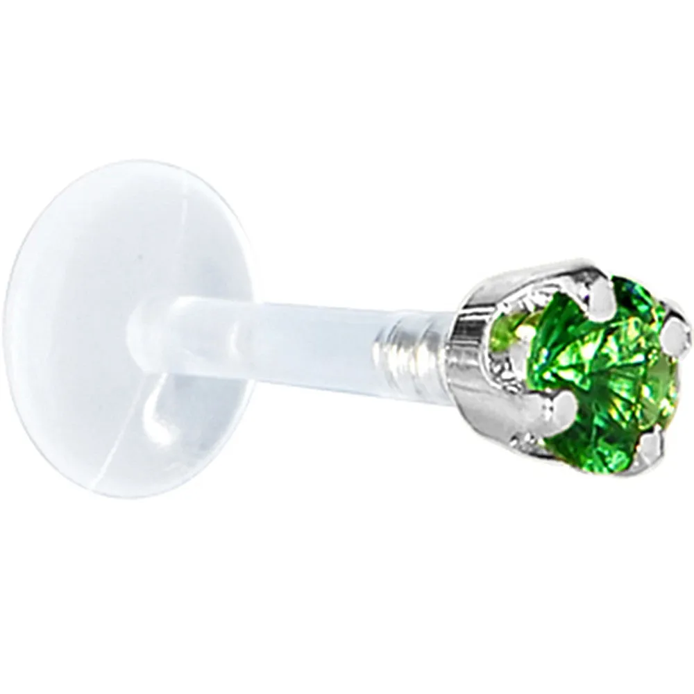 16 Gauge 1/4 Solid 14KT White Gold 3mm Green Cubic Zirconia Bioplast Tragus Earring Stud