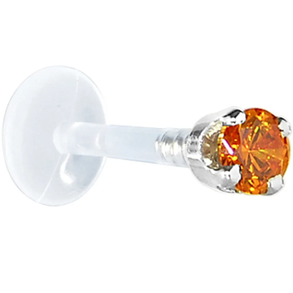 16 Gauge 1/4 Solid 14KT White Gold 3mm Orange Cubic Zirconia Bioplast Tragus Earring Stud