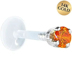 16 Gauge 1/4 Solid 14KT White Gold 3mm Orange Cubic Zirconia Bioplast Tragus Earring Stud