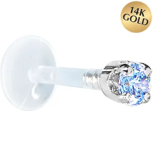 16 Gauge 1/4 Solid 14KT White Gold 3mm Plexi Blue Cubic Zirconia Bioplast Tragus Earring Stud