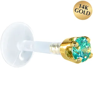 16 Gauge 1/4 Solid 14KT Yellow Gold 3mm Mint Green Cubic Zirconia Bioplast Tragus Earring Stud