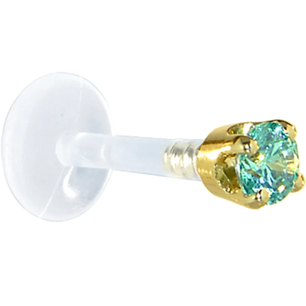 16 Gauge 1/4 Solid 14KT Yellow Gold 3mm Mint Green Cubic Zirconia Bioplast Tragus Earring Stud