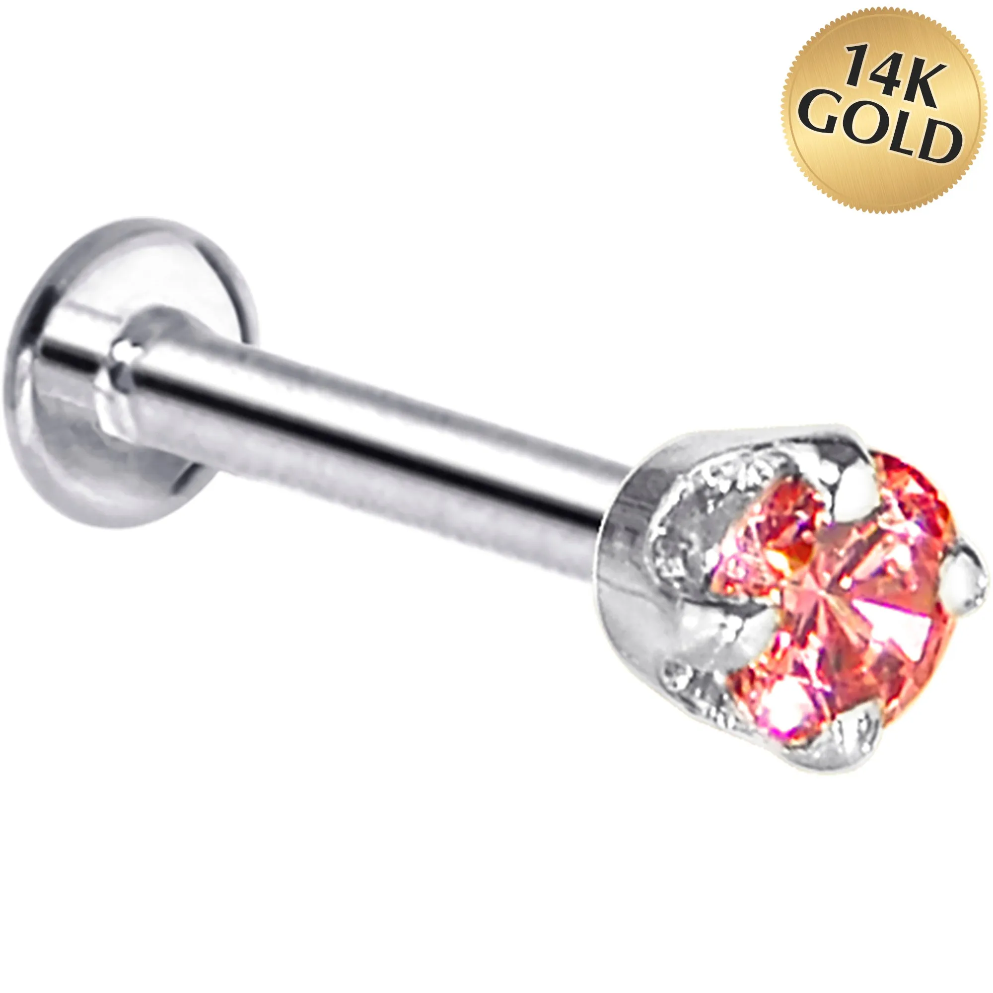 16 Gauge Solid 14KT White Gold 3mm Salmon Cubic Zirconia Tragus Earring Stud