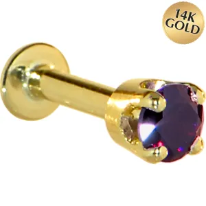 16 Gauge Solid 14KT Yellow Gold 3mm Amethyst Cubic Zirconia Tragus Earring Stud