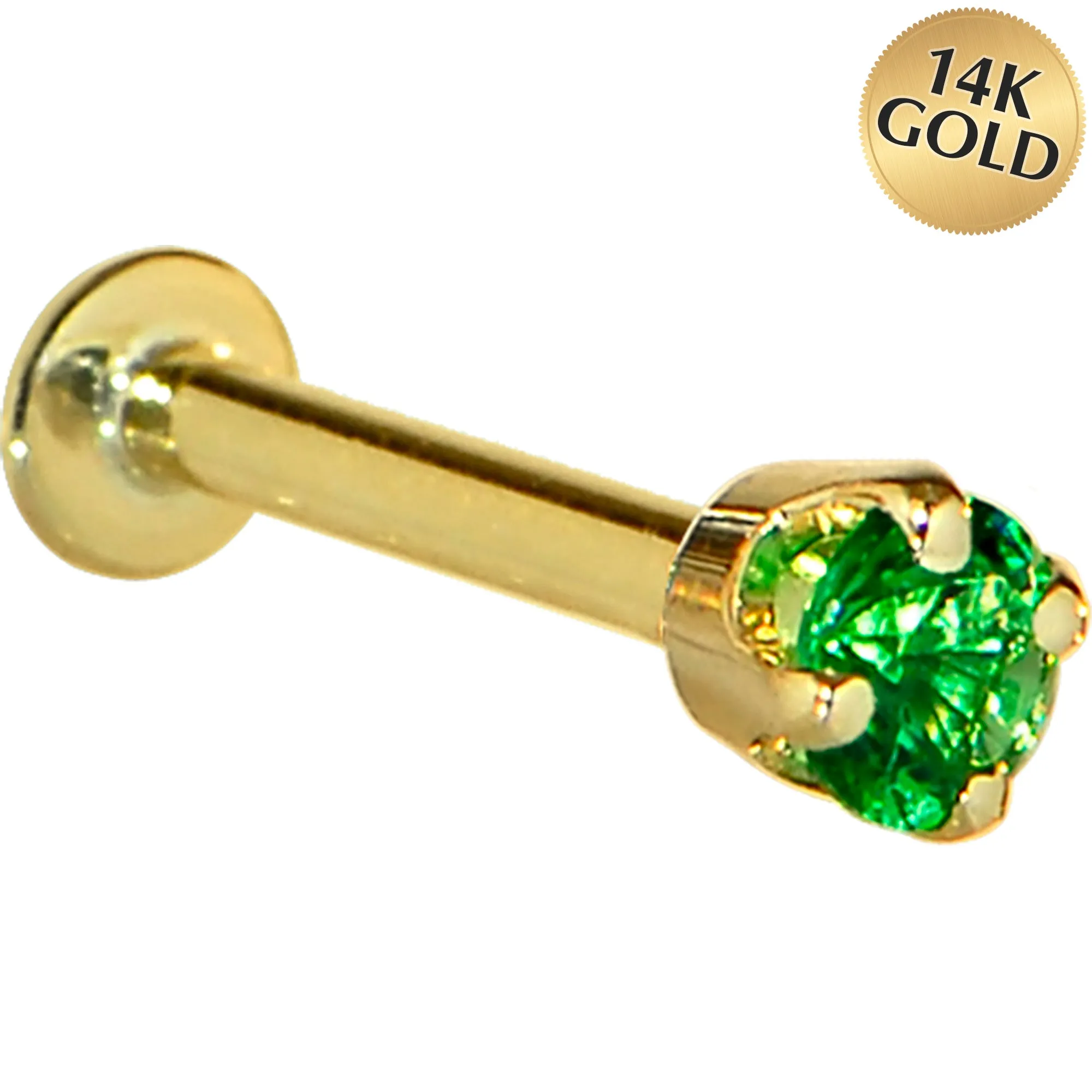 16 Gauge Solid 14KT Yellow Gold 3mm Green Cubic Zirconia Tragus Earring Stud