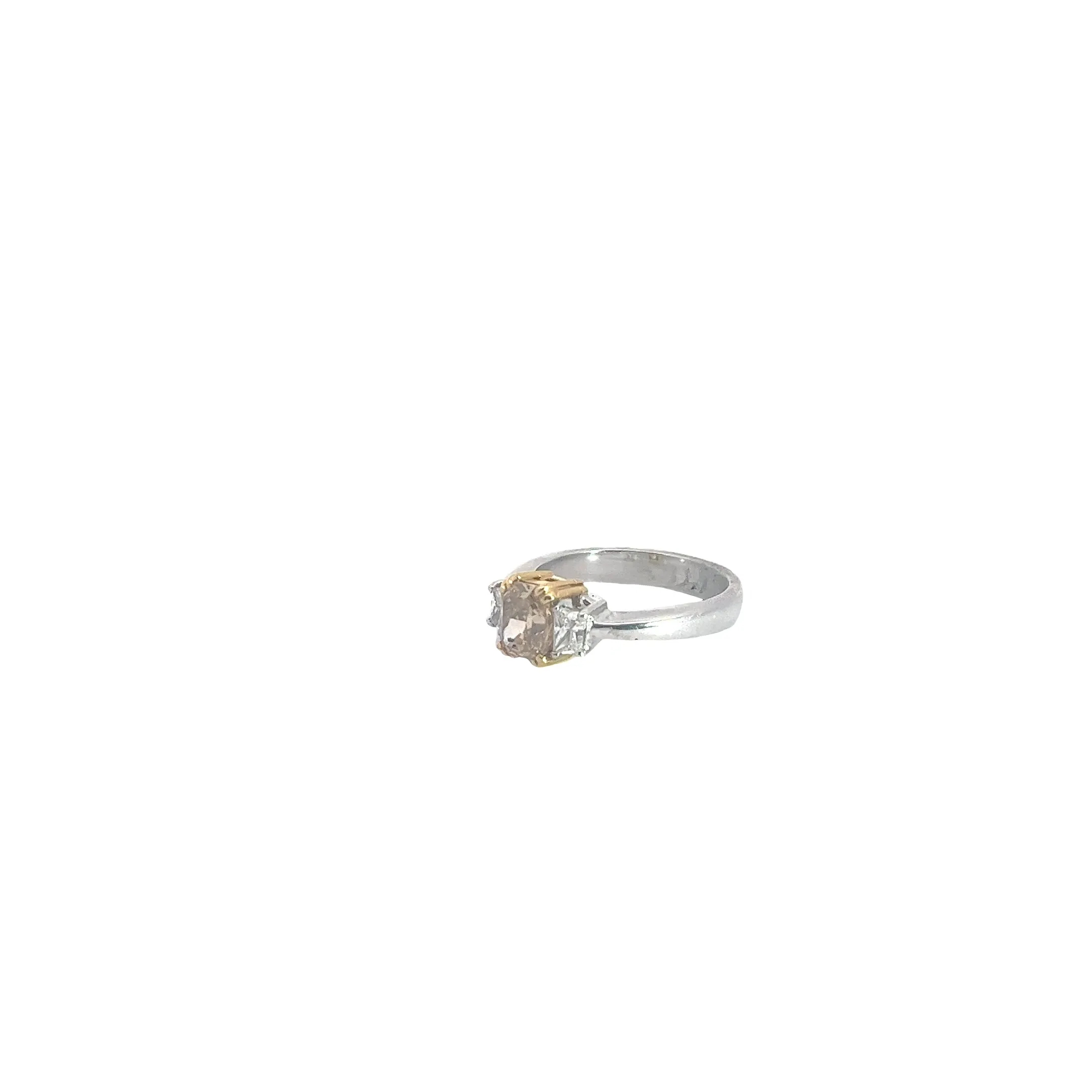 18k Two Toned 1.02ct  Fancy Dark Yellow Diamond and .40ct F VS2 (2) Trapezoid Shape Diamond Engagement Ring Certified by GIA# 6204580476