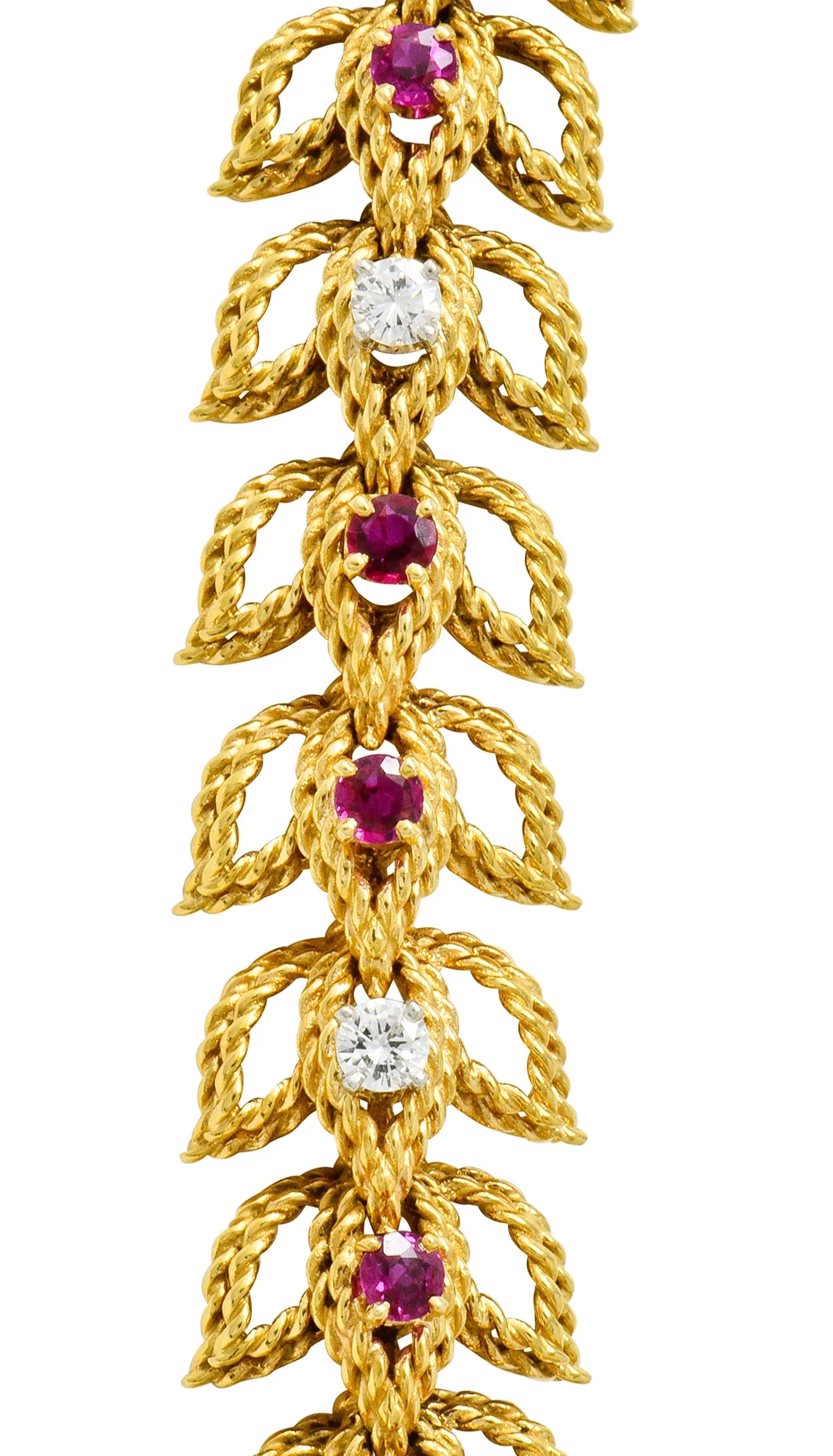 1950's Mid-Century 8.91 CTW Diamond Ruby Platinum 18 Karat Gold Foliate Link Lariat Necklace