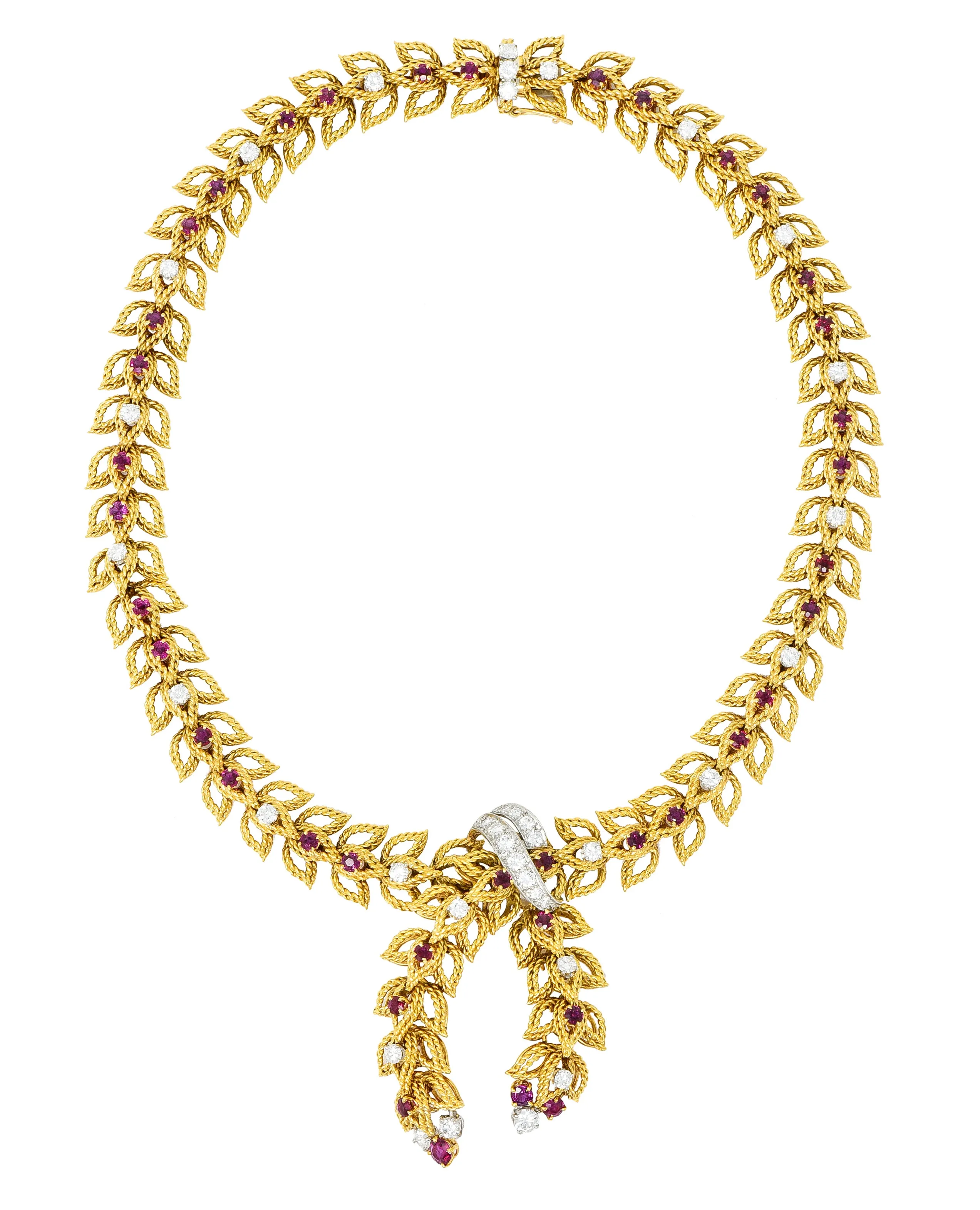 1950's Mid-Century 8.91 CTW Diamond Ruby Platinum 18 Karat Gold Foliate Link Lariat Necklace