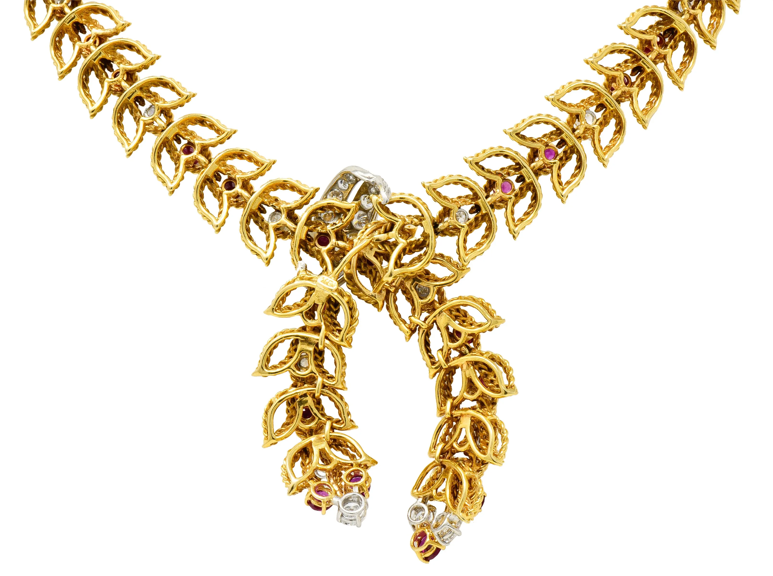 1950's Mid-Century 8.91 CTW Diamond Ruby Platinum 18 Karat Gold Foliate Link Lariat Necklace