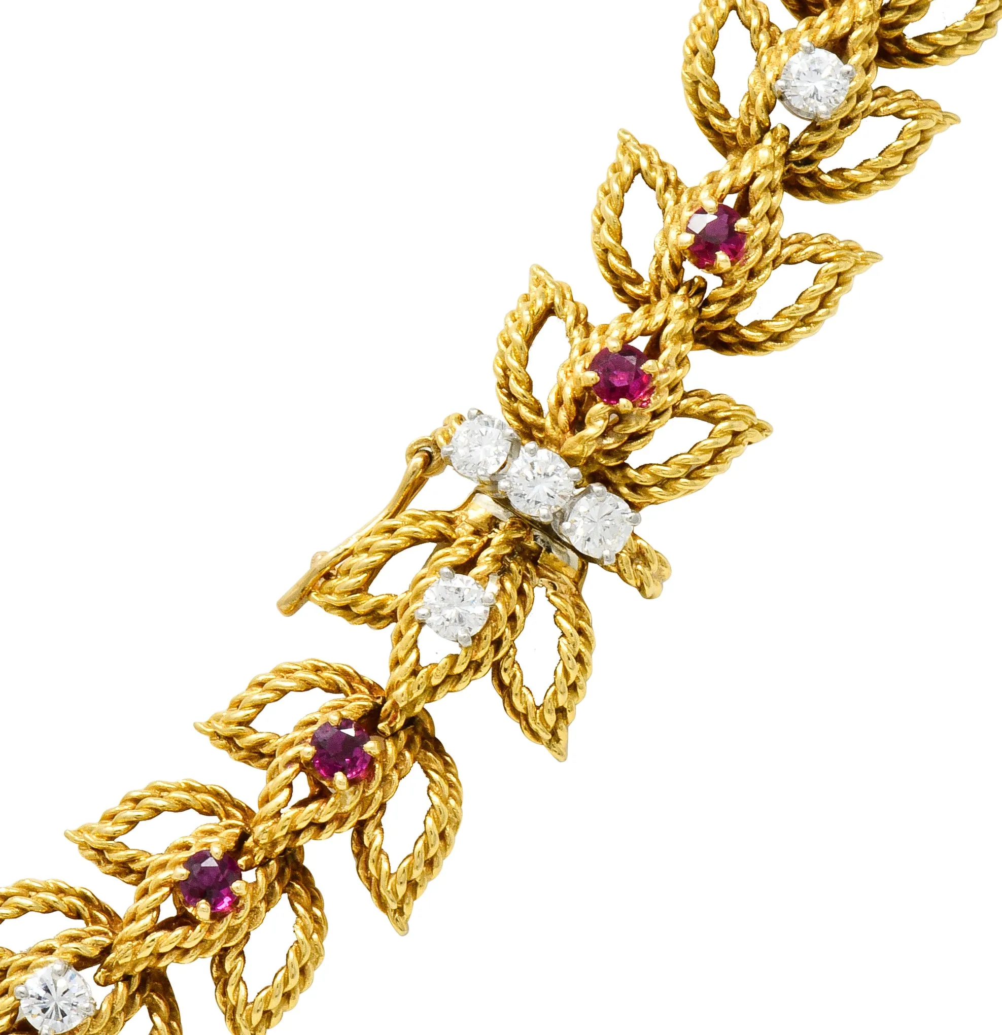 1950's Mid-Century 8.91 CTW Diamond Ruby Platinum 18 Karat Gold Foliate Link Lariat Necklace