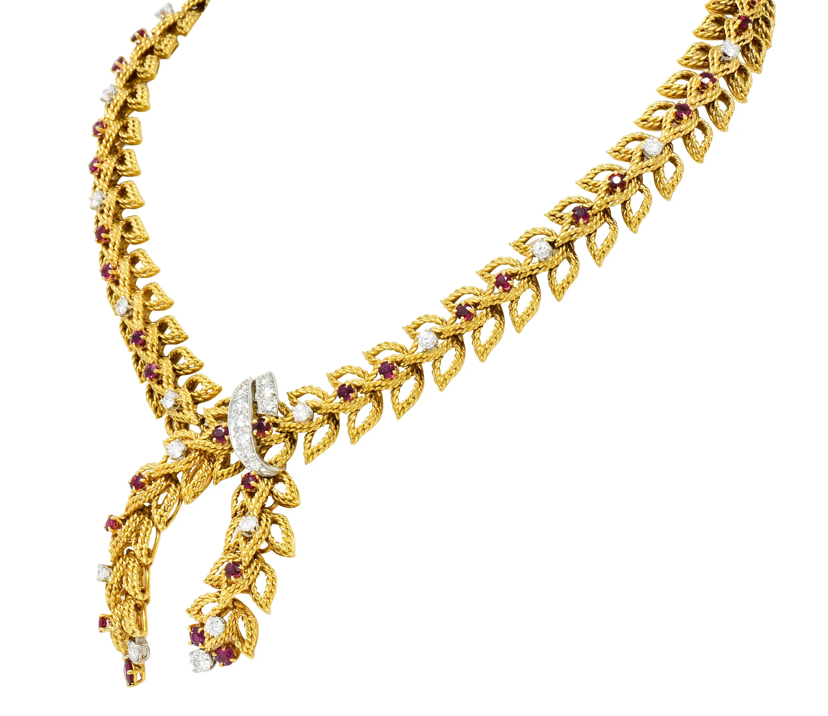 1950's Mid-Century 8.91 CTW Diamond Ruby Platinum 18 Karat Gold Foliate Link Lariat Necklace