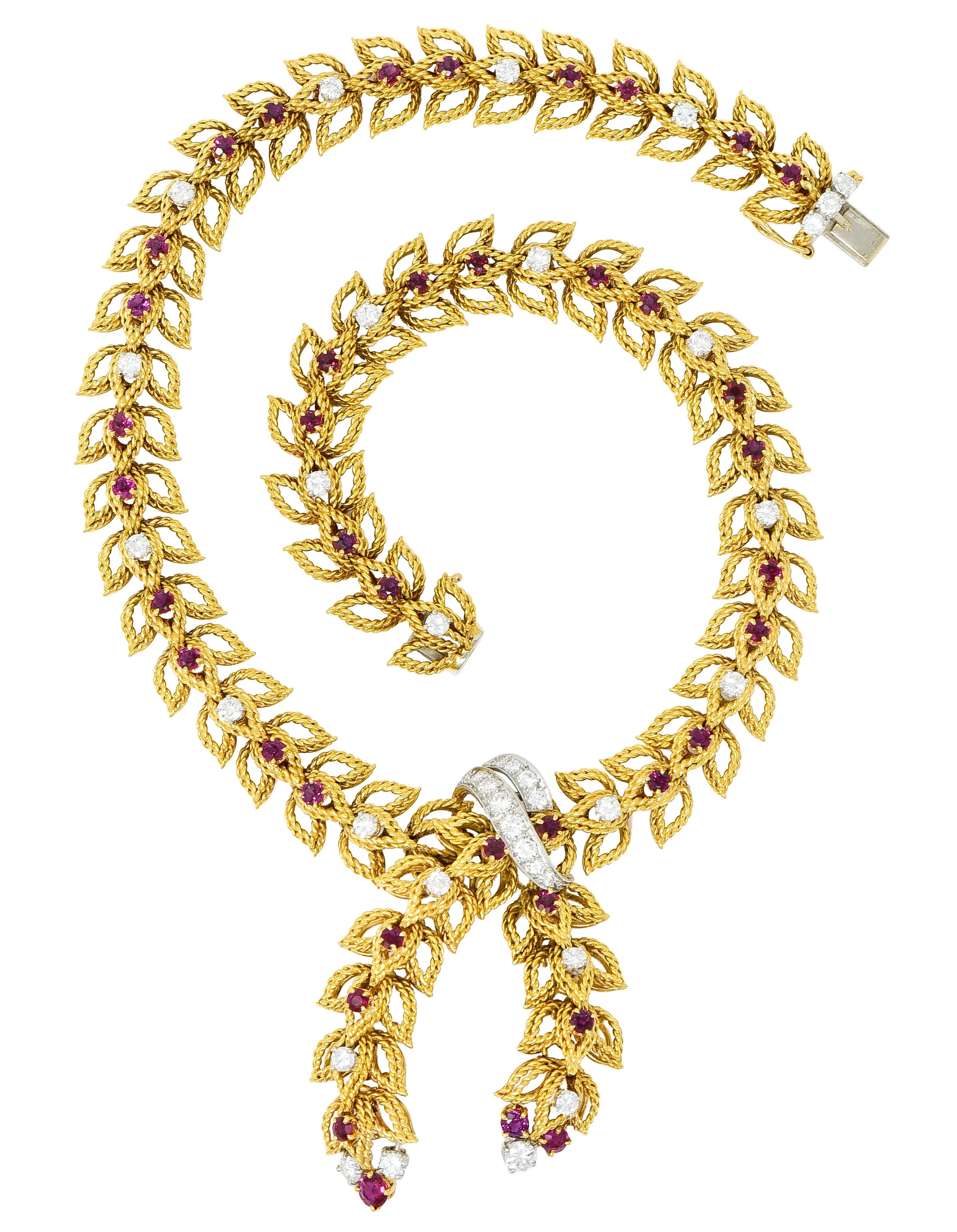 1950's Mid-Century 8.91 CTW Diamond Ruby Platinum 18 Karat Gold Foliate Link Lariat Necklace