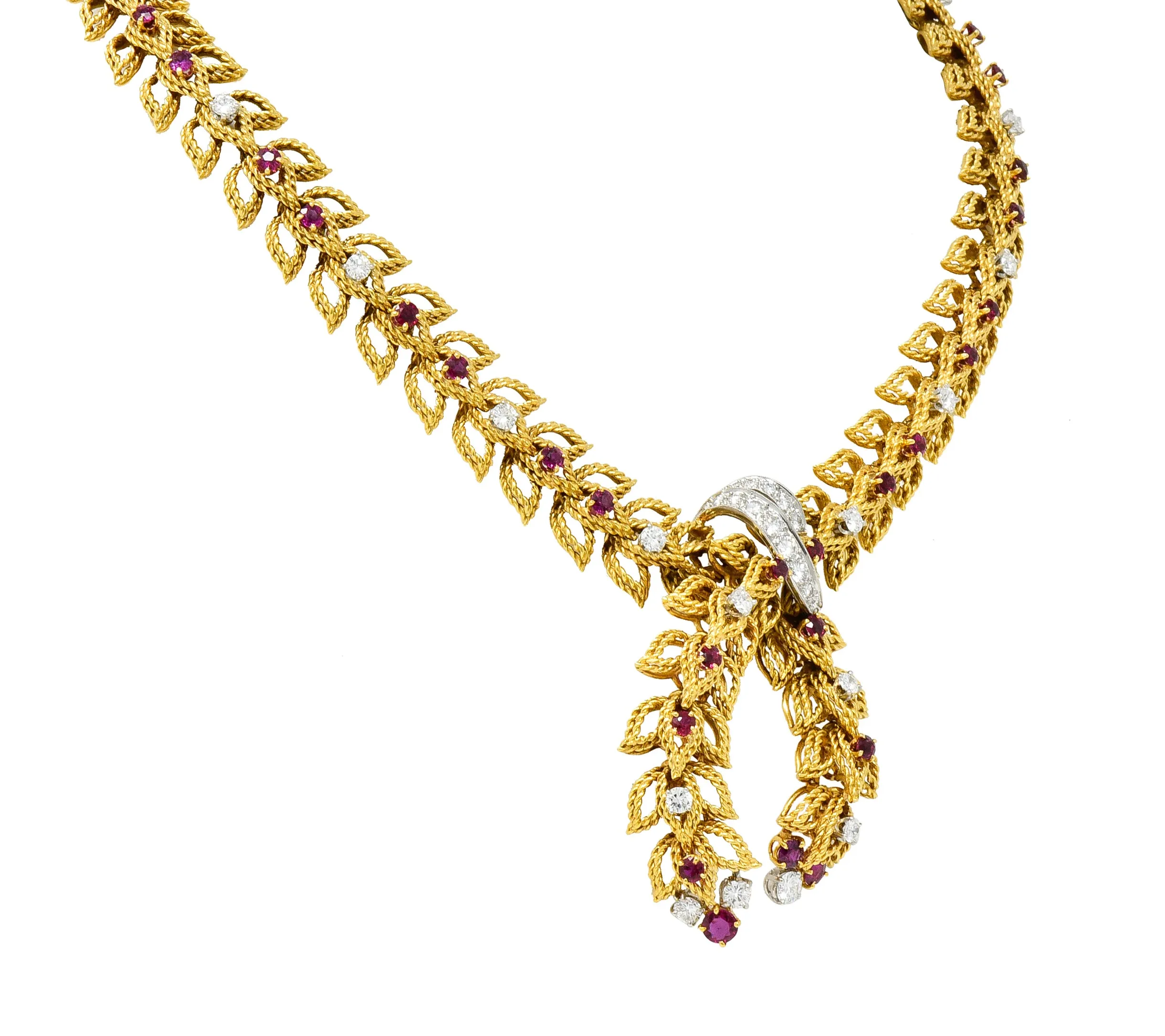 1950's Mid-Century 8.91 CTW Diamond Ruby Platinum 18 Karat Gold Foliate Link Lariat Necklace