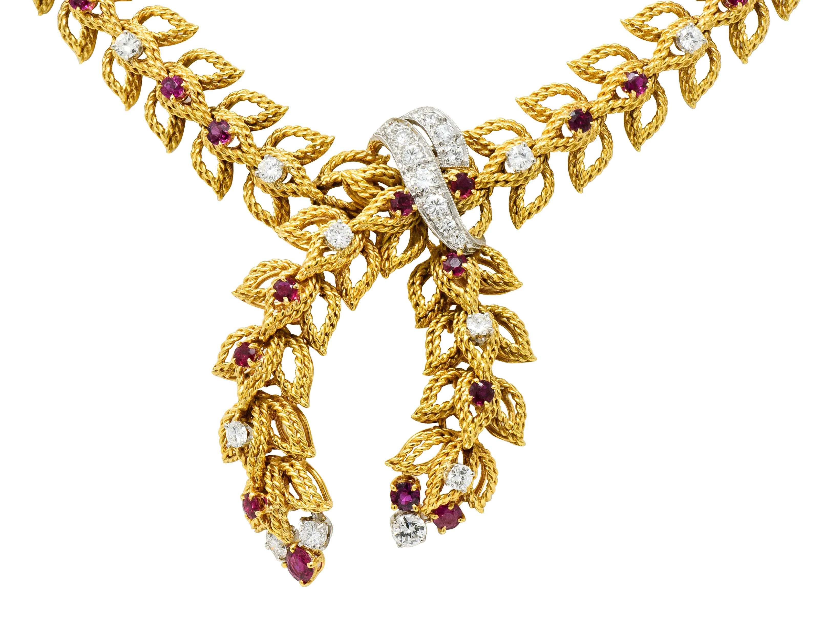 1950's Mid-Century 8.91 CTW Diamond Ruby Platinum 18 Karat Gold Foliate Link Lariat Necklace