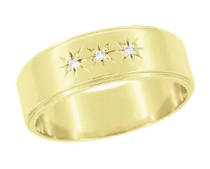 1950's Vintage Style Three Diamond Starburst Wedding Band in 14 or 18 Karat Yellow Gold - 6mm