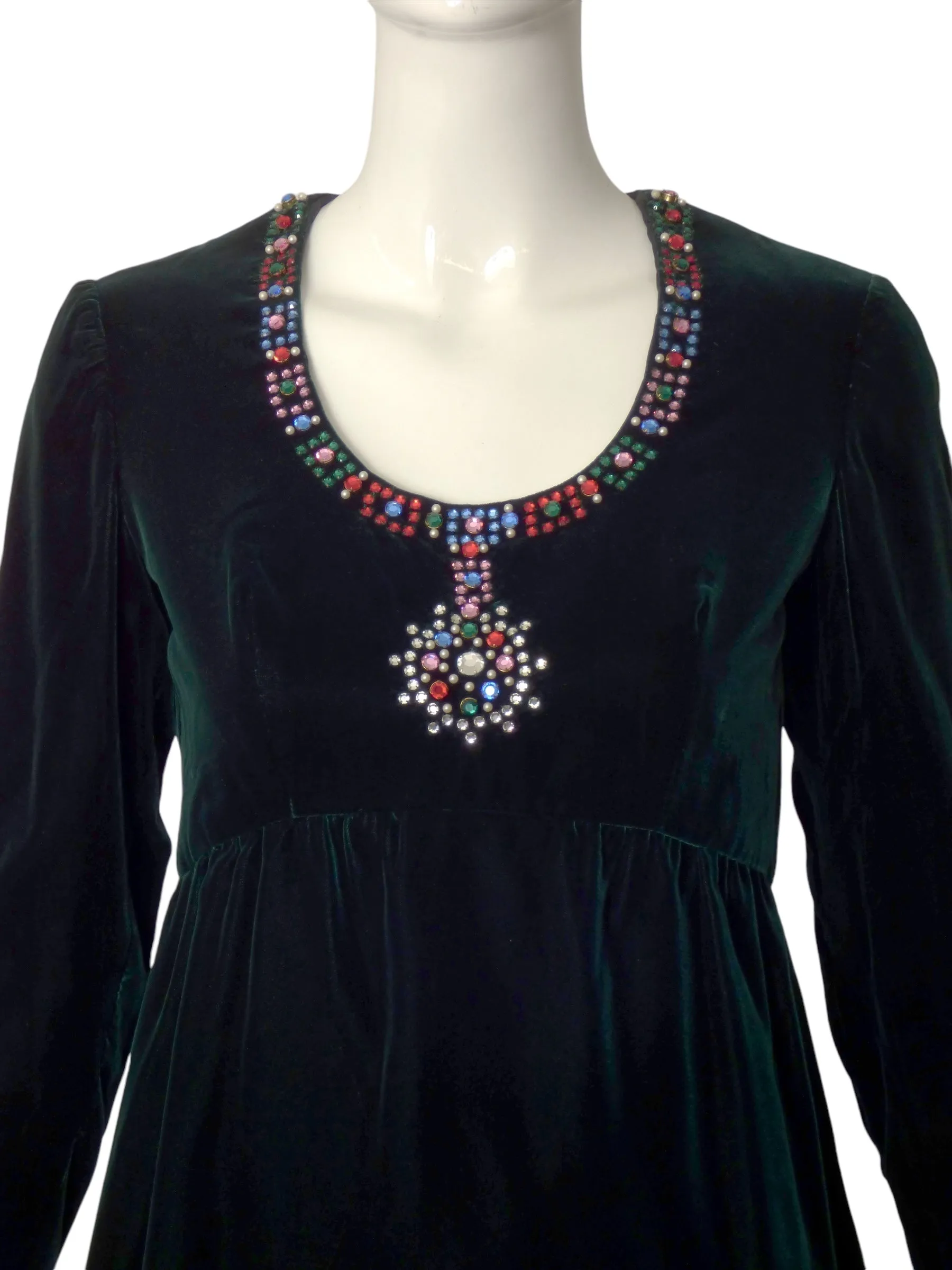 1960s Beaded Green Velvet Dress, Size 4