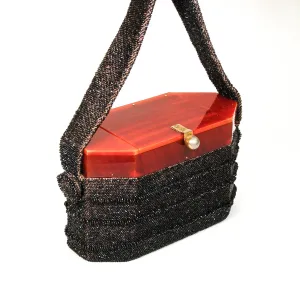 1960's Black Beaded Box Purse with Carnival Glass