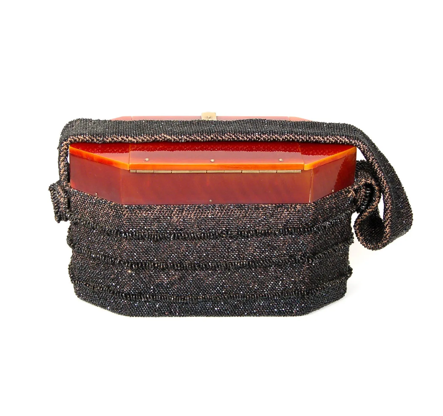 1960's Black Beaded Box Purse with Carnival Glass