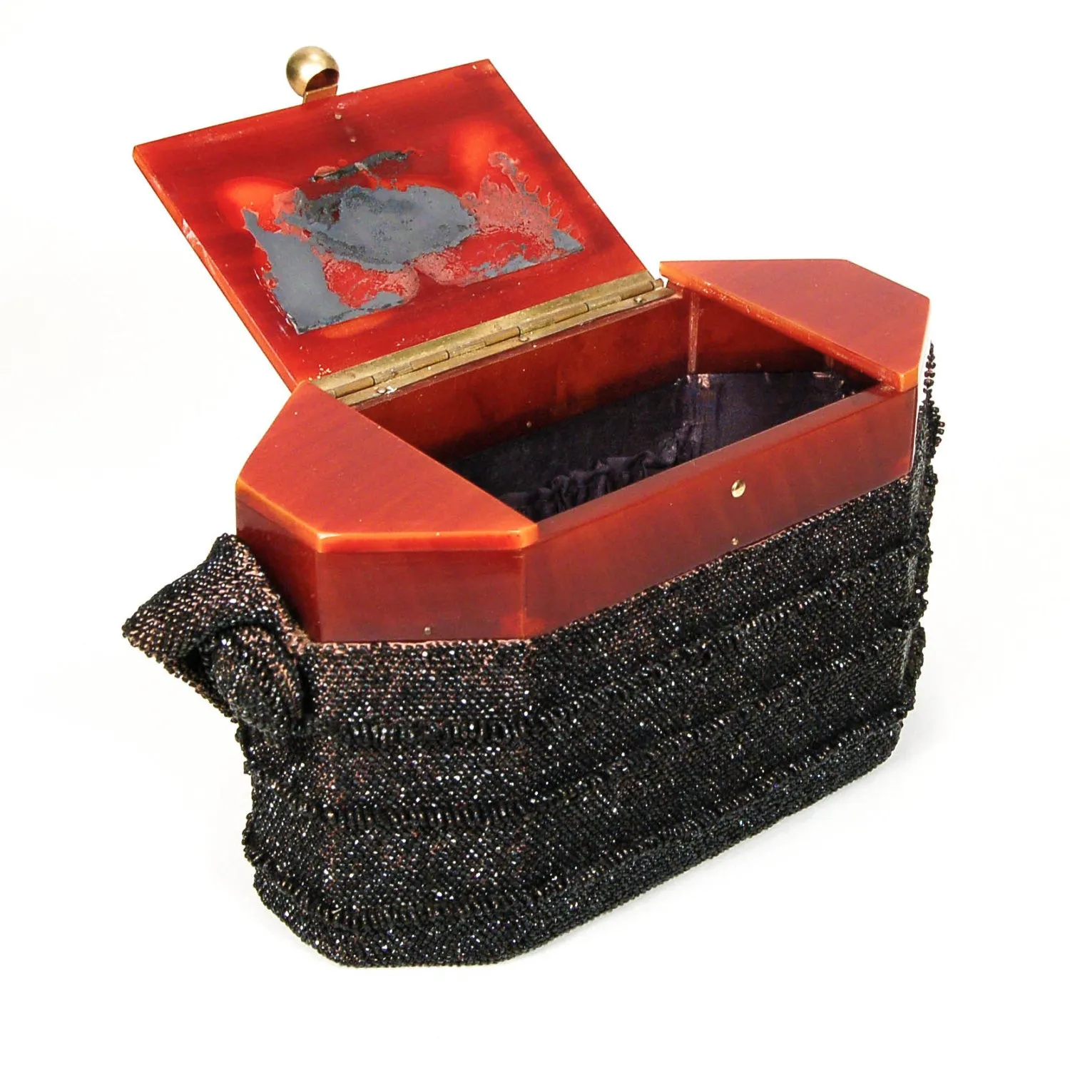 1960's Black Beaded Box Purse with Carnival Glass