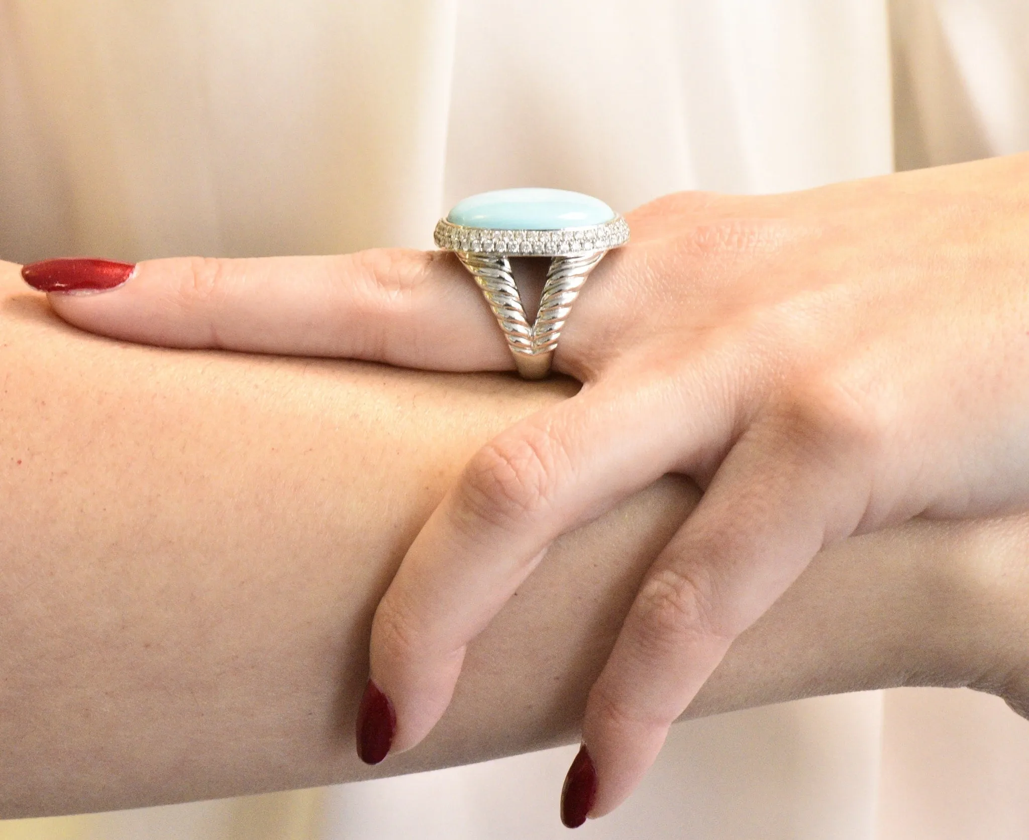 1990's Vintage Turquoise 1.25 CTW Diamond 18 Karat White Gold Statement Ring