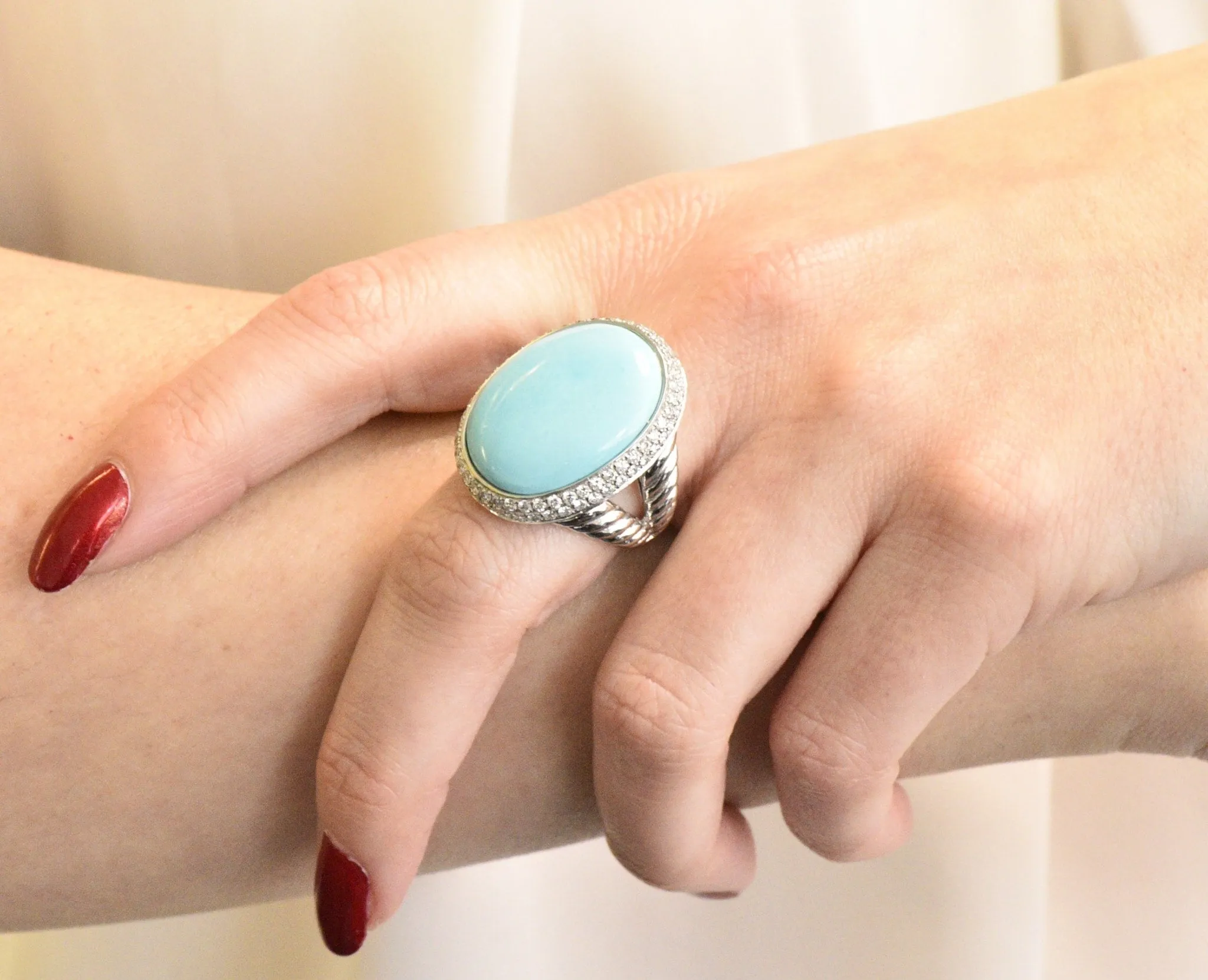 1990's Vintage Turquoise 1.25 CTW Diamond 18 Karat White Gold Statement Ring