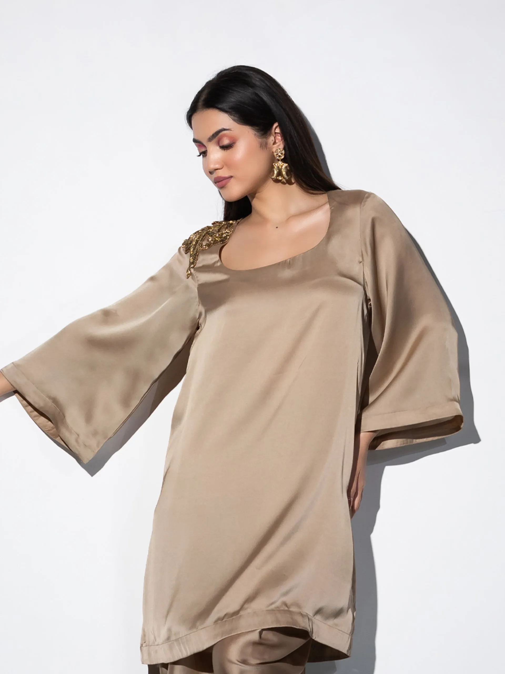 1pc. | Peanut Satin Short Kurta with embellished Gold patch on shoulder