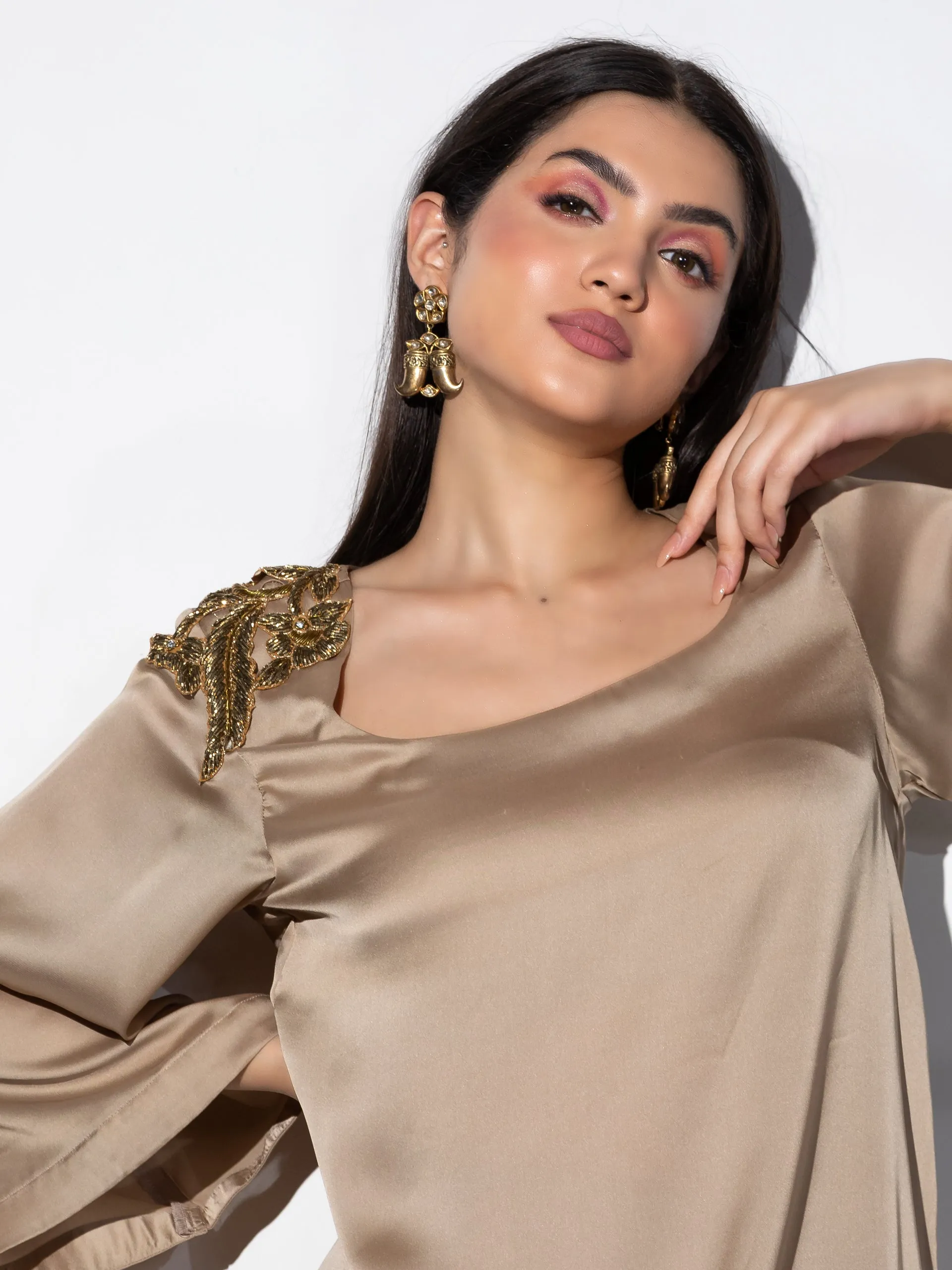 1pc. | Peanut Satin Short Kurta with embellished Gold patch on shoulder