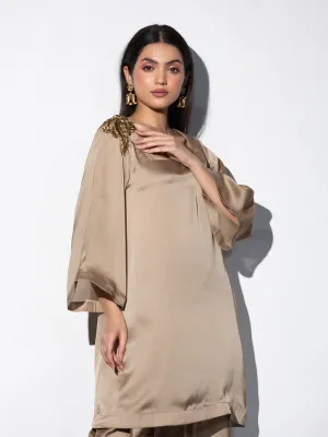 1pc. | Peanut Satin Short Kurta with embellished Gold patch on shoulder