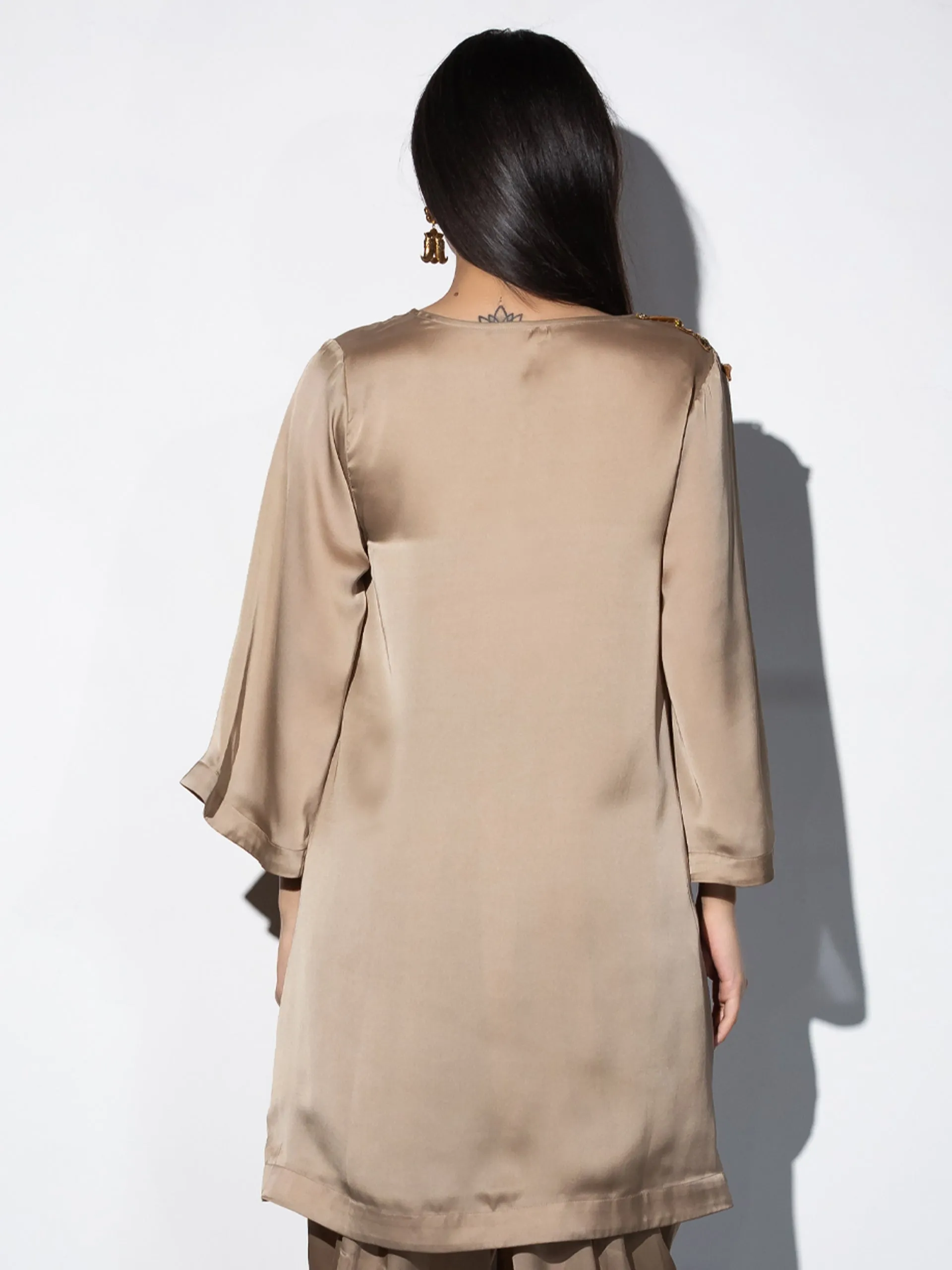 1pc. | Peanut Satin Short Kurta with embellished Gold patch on shoulder