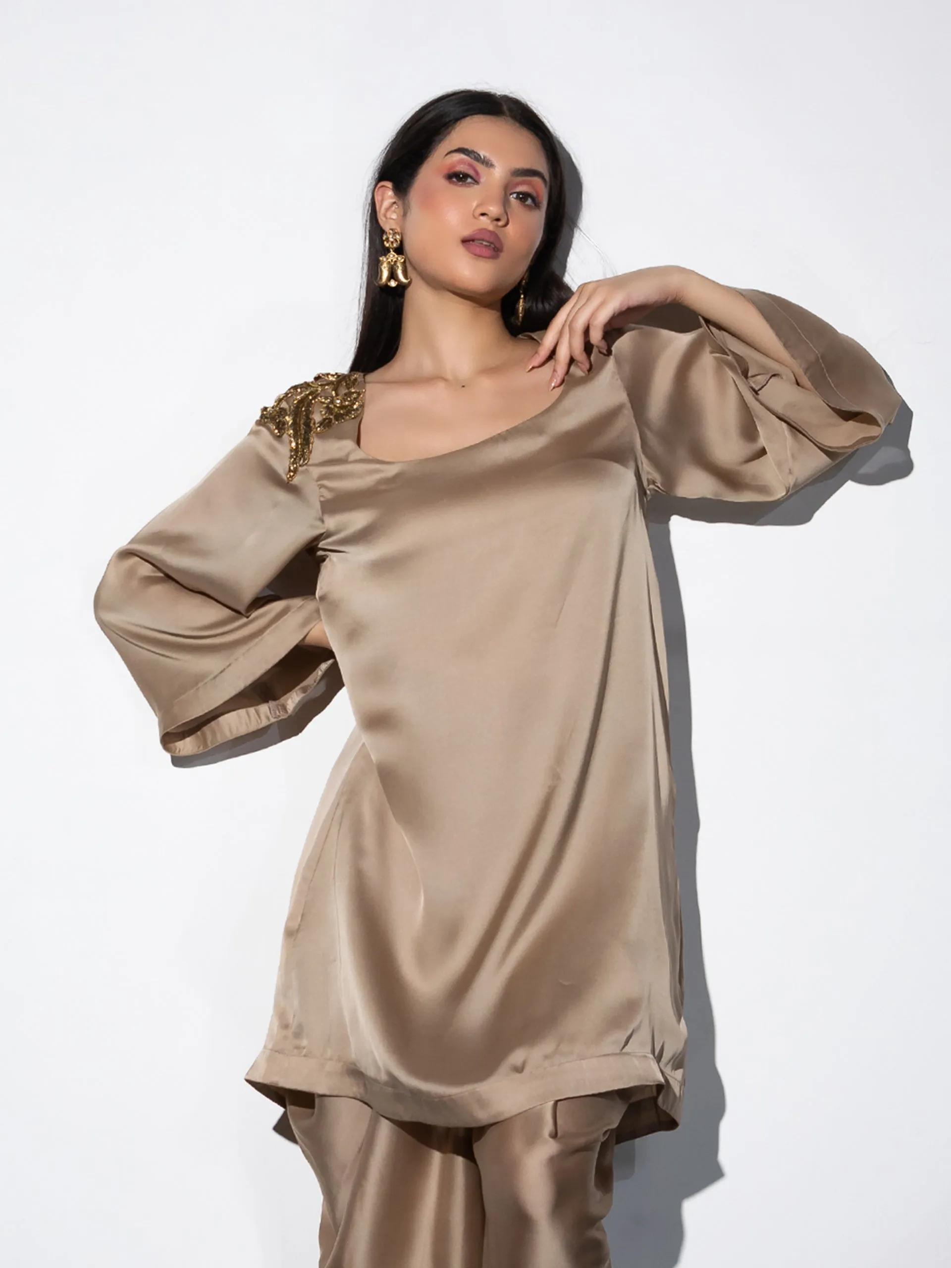 1pc. | Peanut Satin Short Kurta with embellished Gold patch on shoulder
