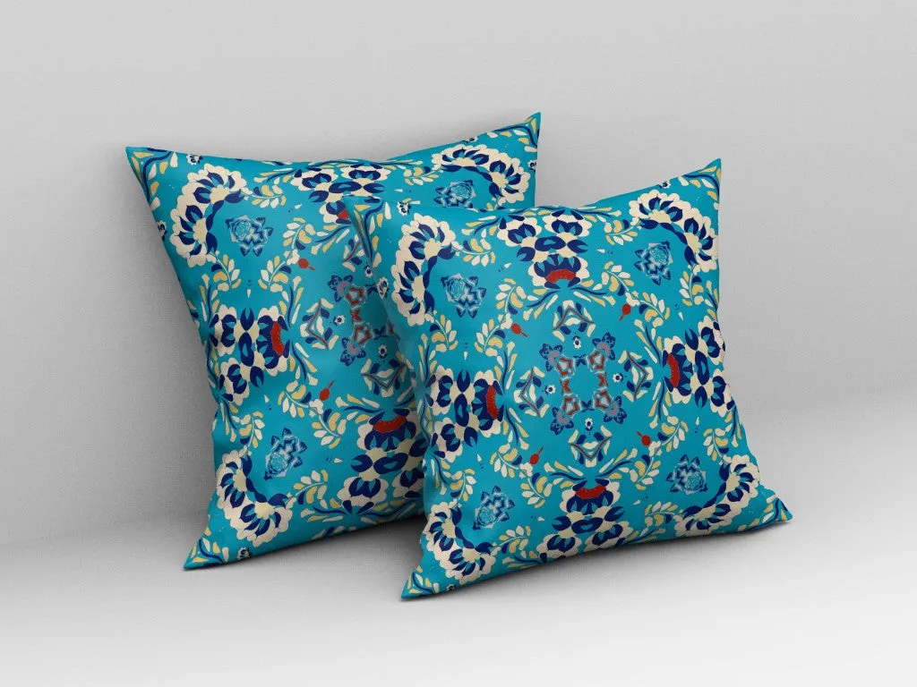 26" Cyan Blue Filigree Indoor Outdoor Zip Throw Pillow