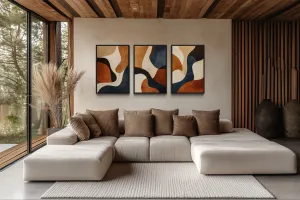3 Piece Mid Century Modern Abstract Earth Tones Brown Cream Navy Framed Wall Art