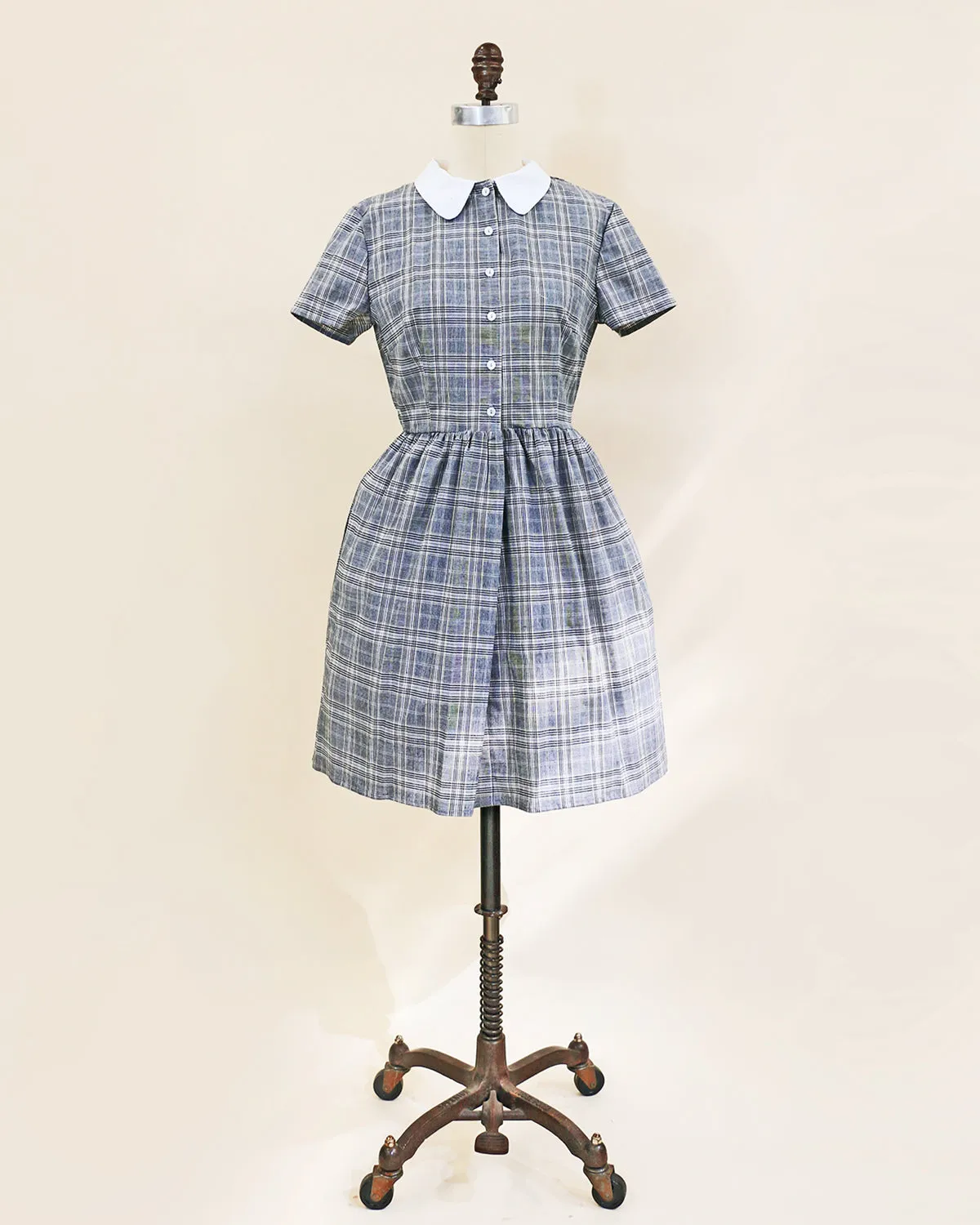 ACADEMY - Gray plaid cotton shirtdress with removable white collar and short sleeves