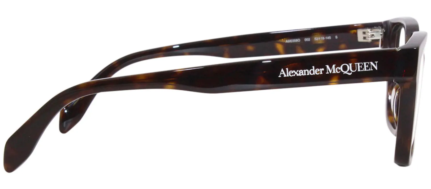 Alexander McQueen AM 0358O 002 Square Plastic Havana Eyeglasses with Logo Stamped Demo Lenses