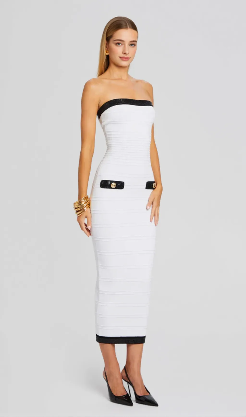 Anklyn Ribbed Strapless Midi Bandage Dress
