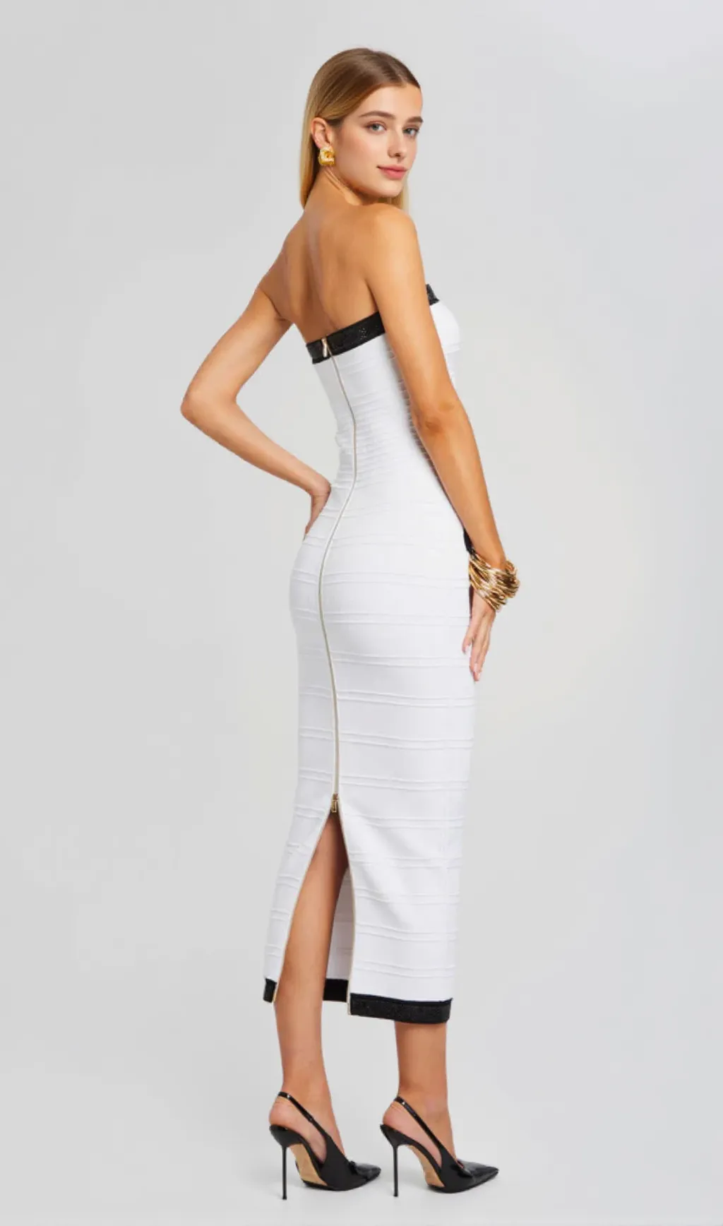 Anklyn Ribbed Strapless Midi Bandage Dress