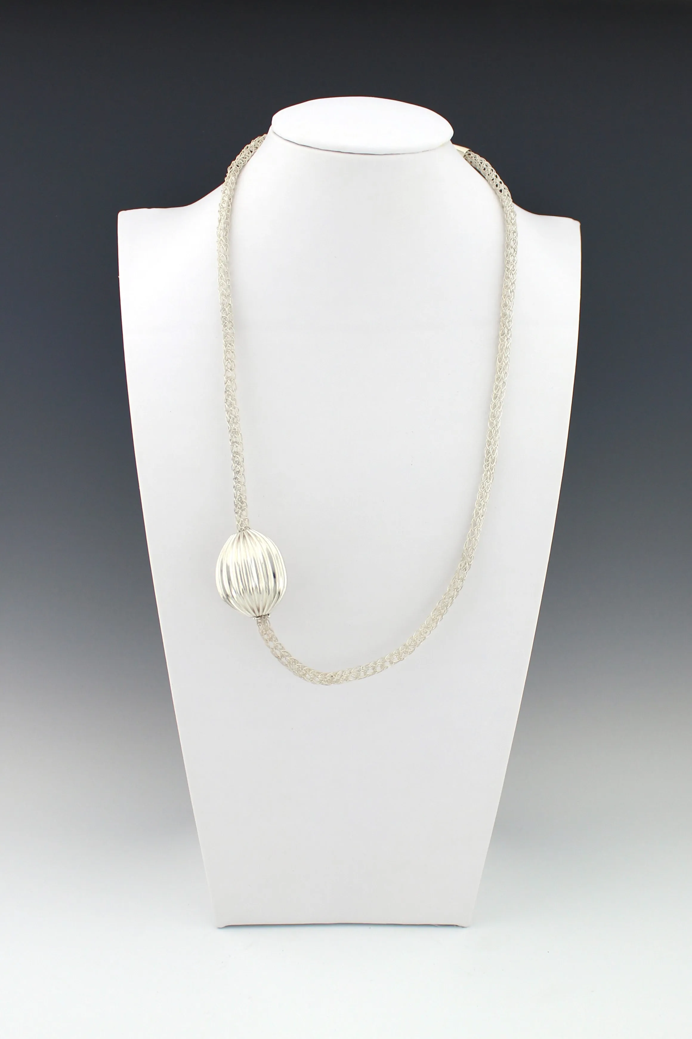 Asymmetrical Pleated Hollow Silver Bead on Handmade Woven Necklace, Fold Formed Silver Necklace, Viking Knit Chain and Fine Silver Ball