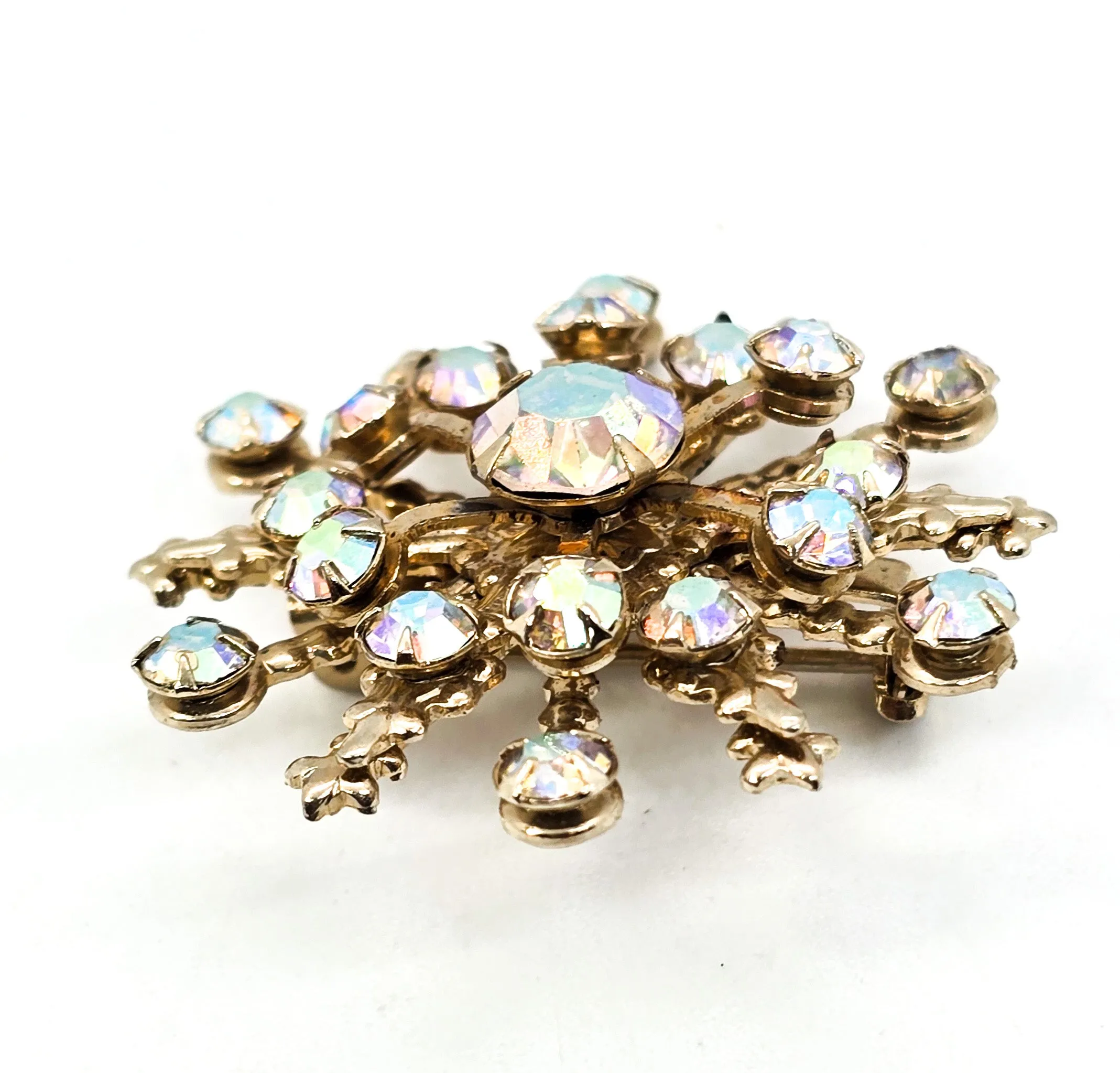 Aurora Borealis AB rainbow rhinestone gold vintage mid century snowflake brooch pin